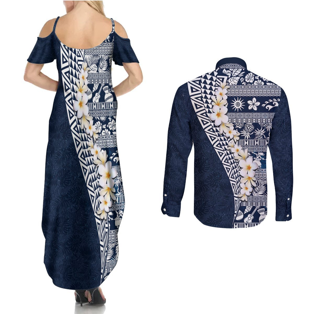 Hawaii Plumeria Tribal Vintage Couples Matching Summer Maxi Dress and Long Sleeve Button Shirt Special Blue LT03 - Polynesian Pride
