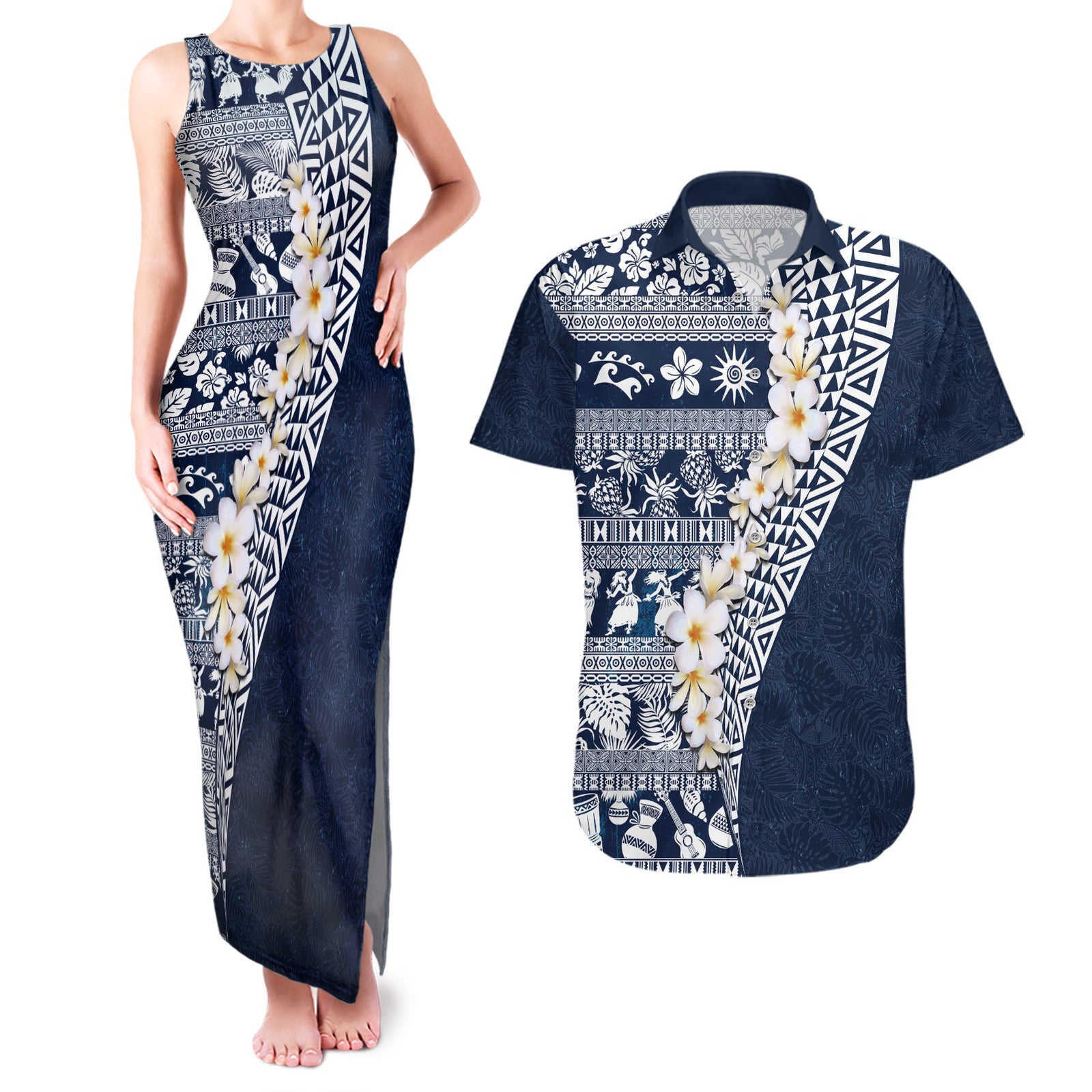 Hawaii Plumeria Tribal Vintage Couples Matching Tank Maxi Dress and Hawaiian Shirt Special Blue LT03 Blue - Polynesian Pride