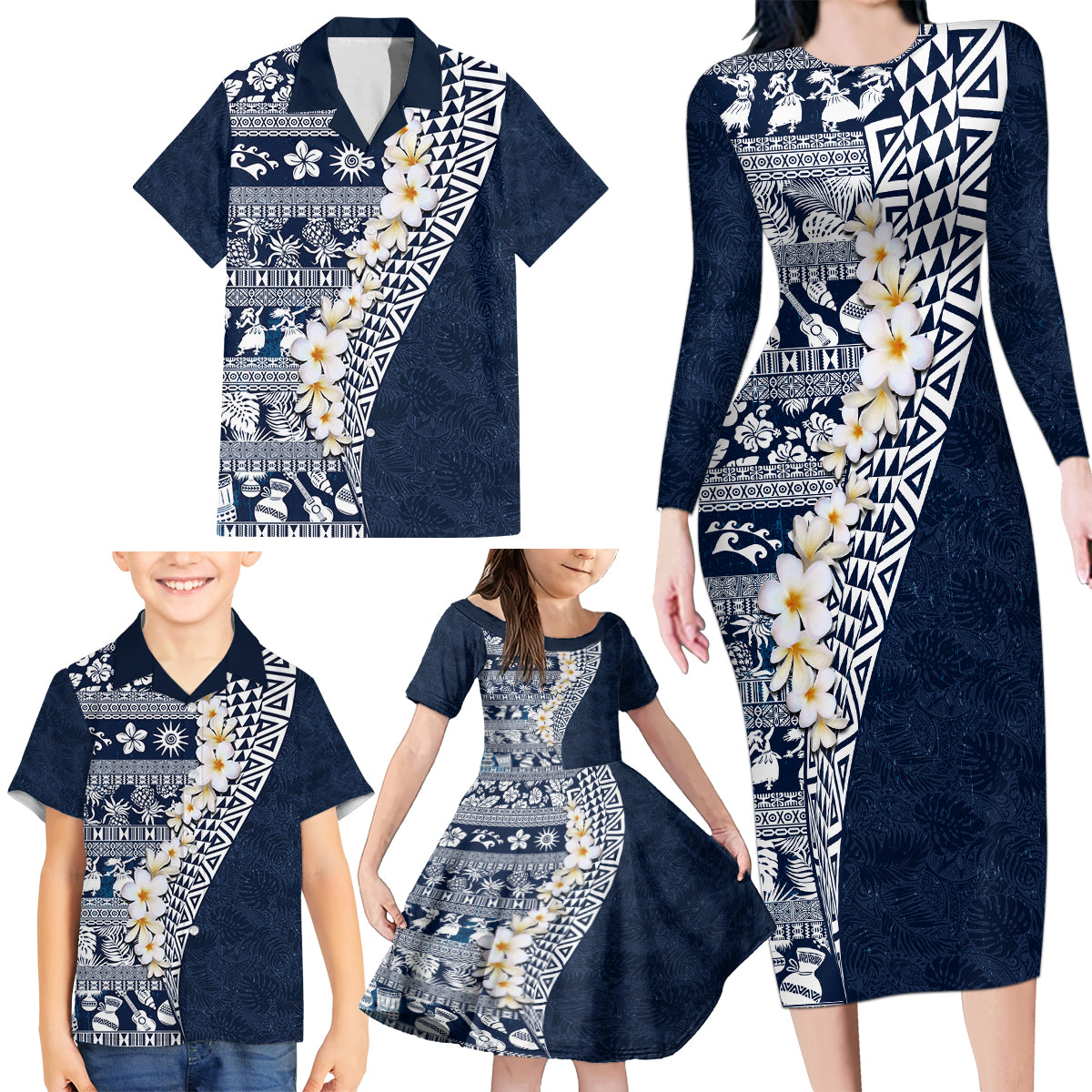 Hawaii Plumeria Tribal Vintage Family Matching Long Sleeve Bodycon Dress and Hawaiian Shirt Special Blue