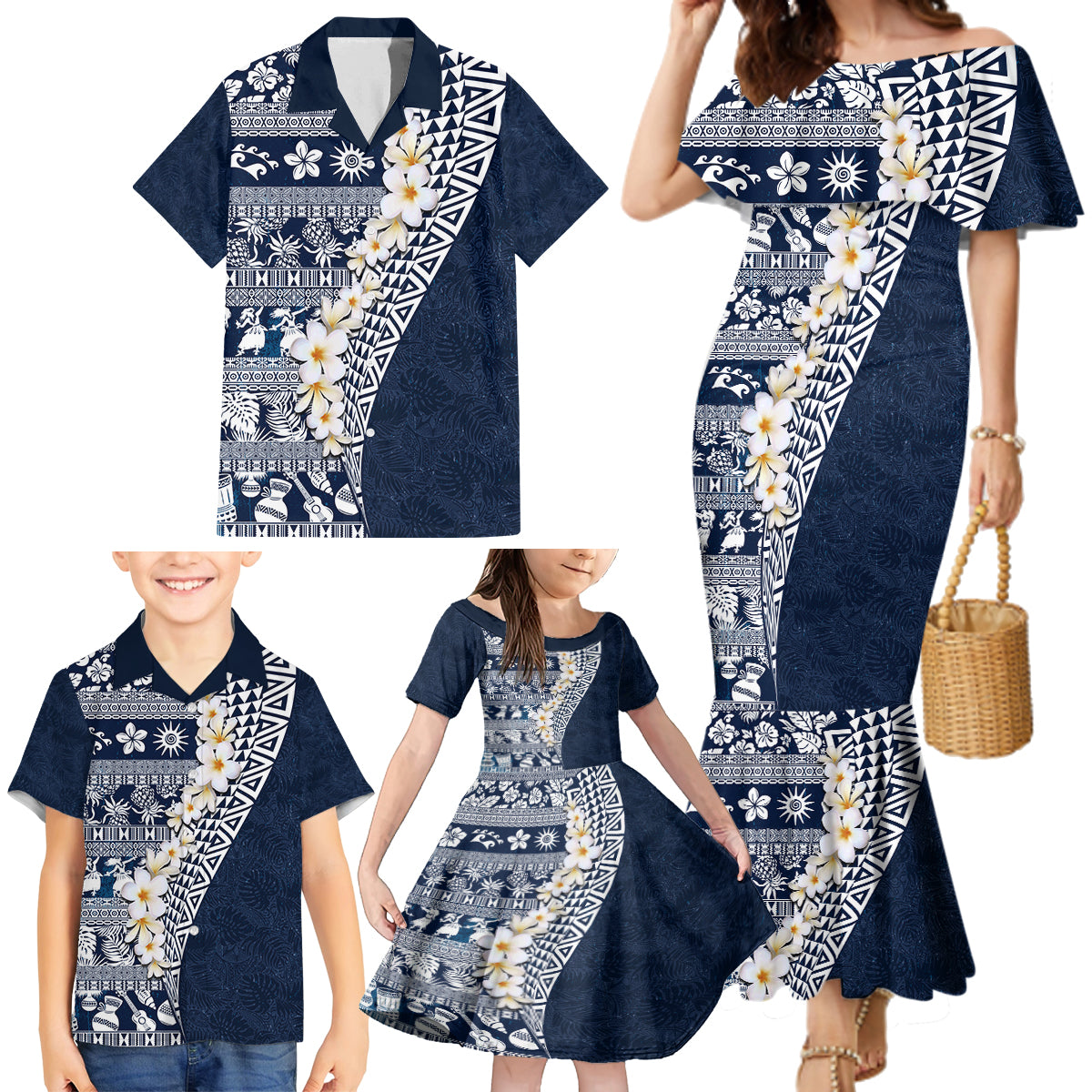 Hawaii Plumeria Tribal Vintage Family Matching Mermaid Dress and Hawaiian Shirt Special Blue LT03 - Polynesian Pride