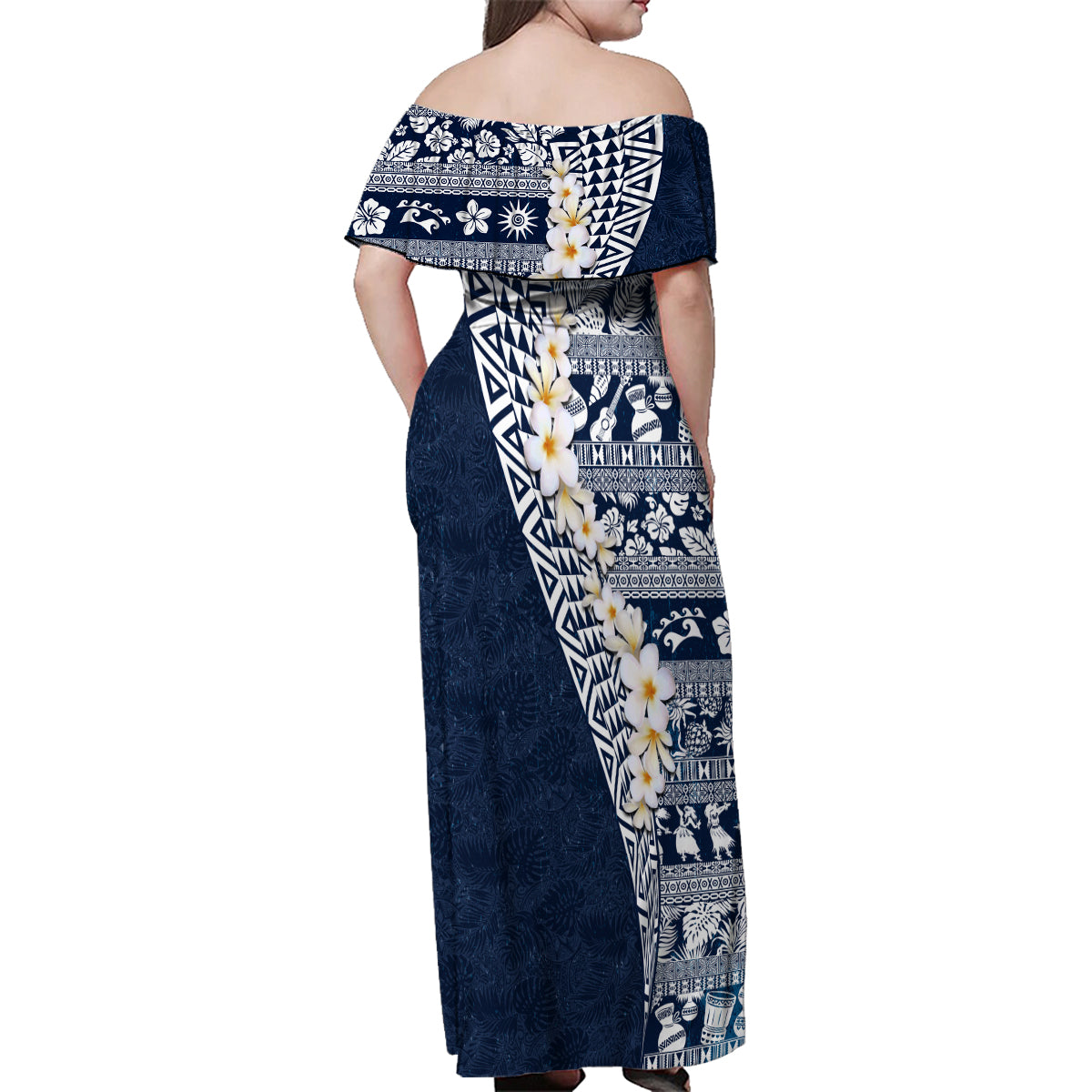 Hawaii Plumeria Tribal Vintage Family Matching Off Shoulder Maxi Dress and Hawaiian Shirt Special Blue