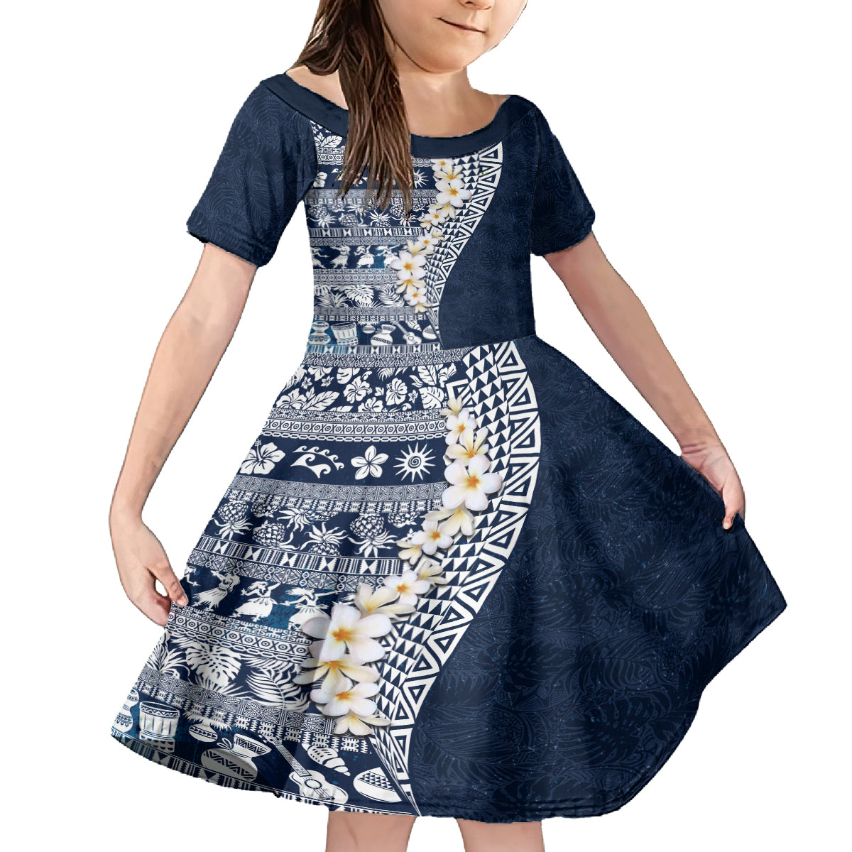 Hawaii Plumeria Tribal Vintage Family Matching Off Shoulder Short Dress and Hawaiian Shirt Special Blue LT03 Daughter's Dress Blue - Polynesian Pride