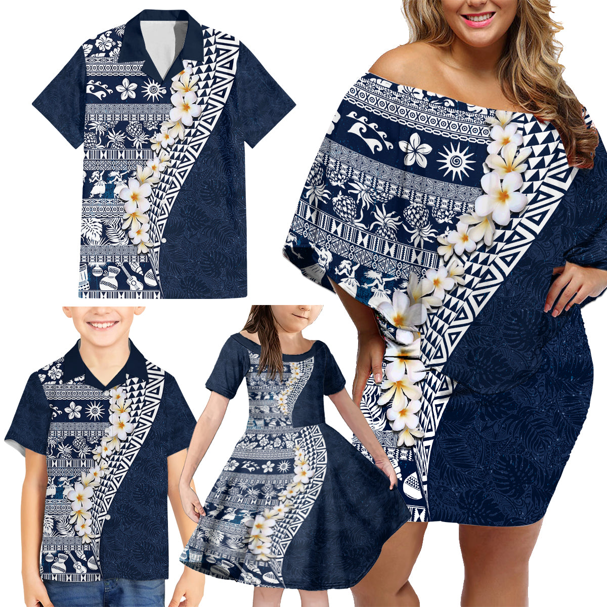 Hawaii Plumeria Tribal Vintage Family Matching Off Shoulder Short Dress and Hawaiian Shirt Special Blue