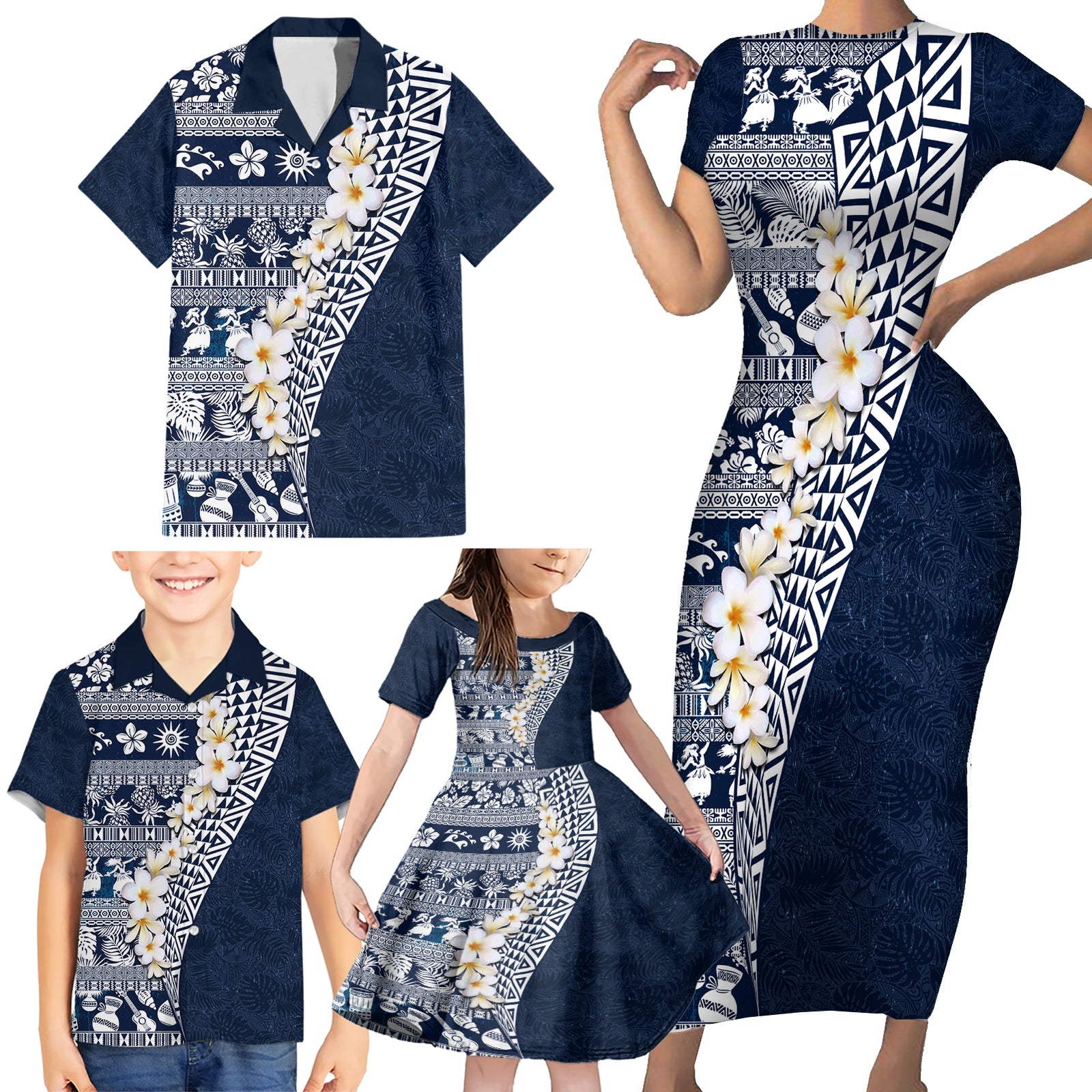 Hawaii Plumeria Tribal Vintage Family Matching Short Sleeve Bodycon Dress and Hawaiian Shirt Special Blue LT03 - Polynesian Pride
