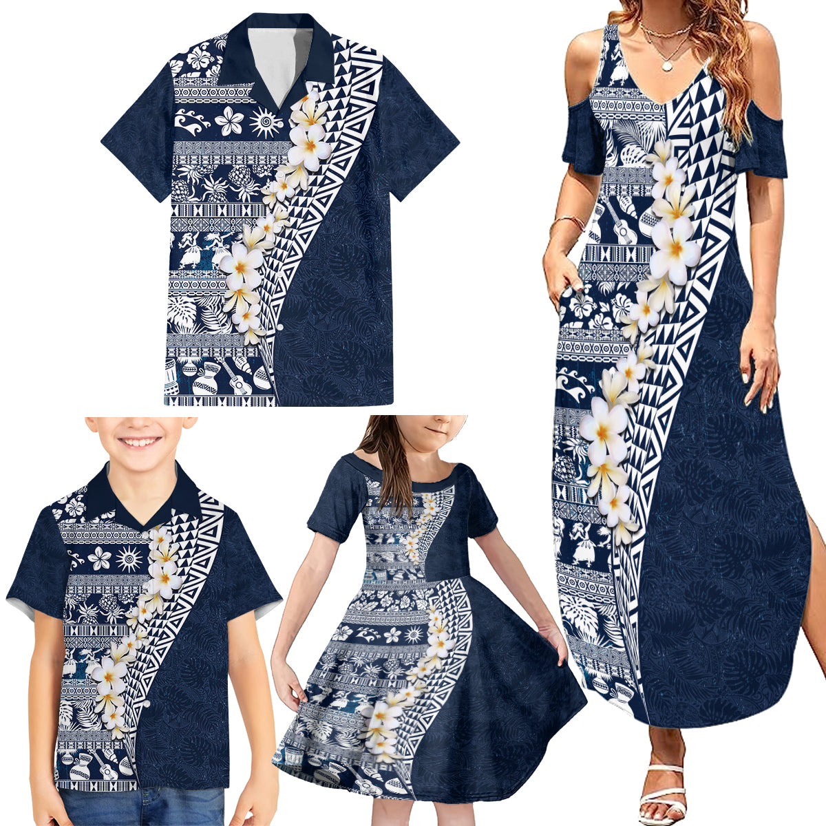 Hawaii Plumeria Tribal Vintage Family Matching Summer Maxi Dress and Hawaiian Shirt Special Blue LT03 - Polynesian Pride