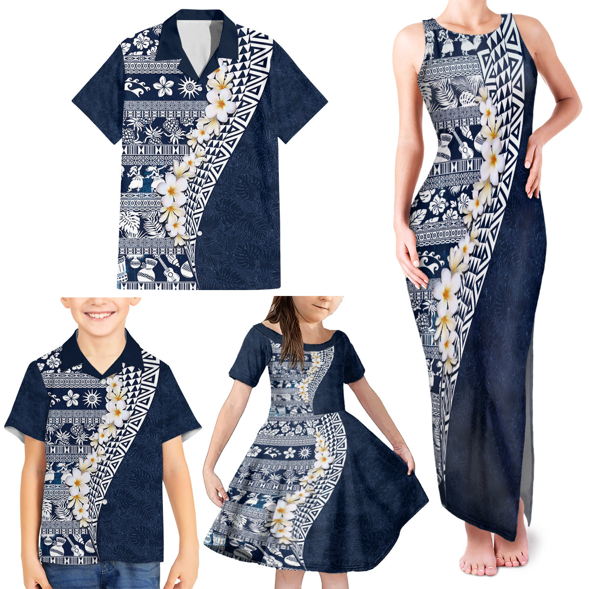 Hawaii Plumeria Tribal Vintage Family Matching Tank Maxi Dress and Hawaiian Shirt Special Blue