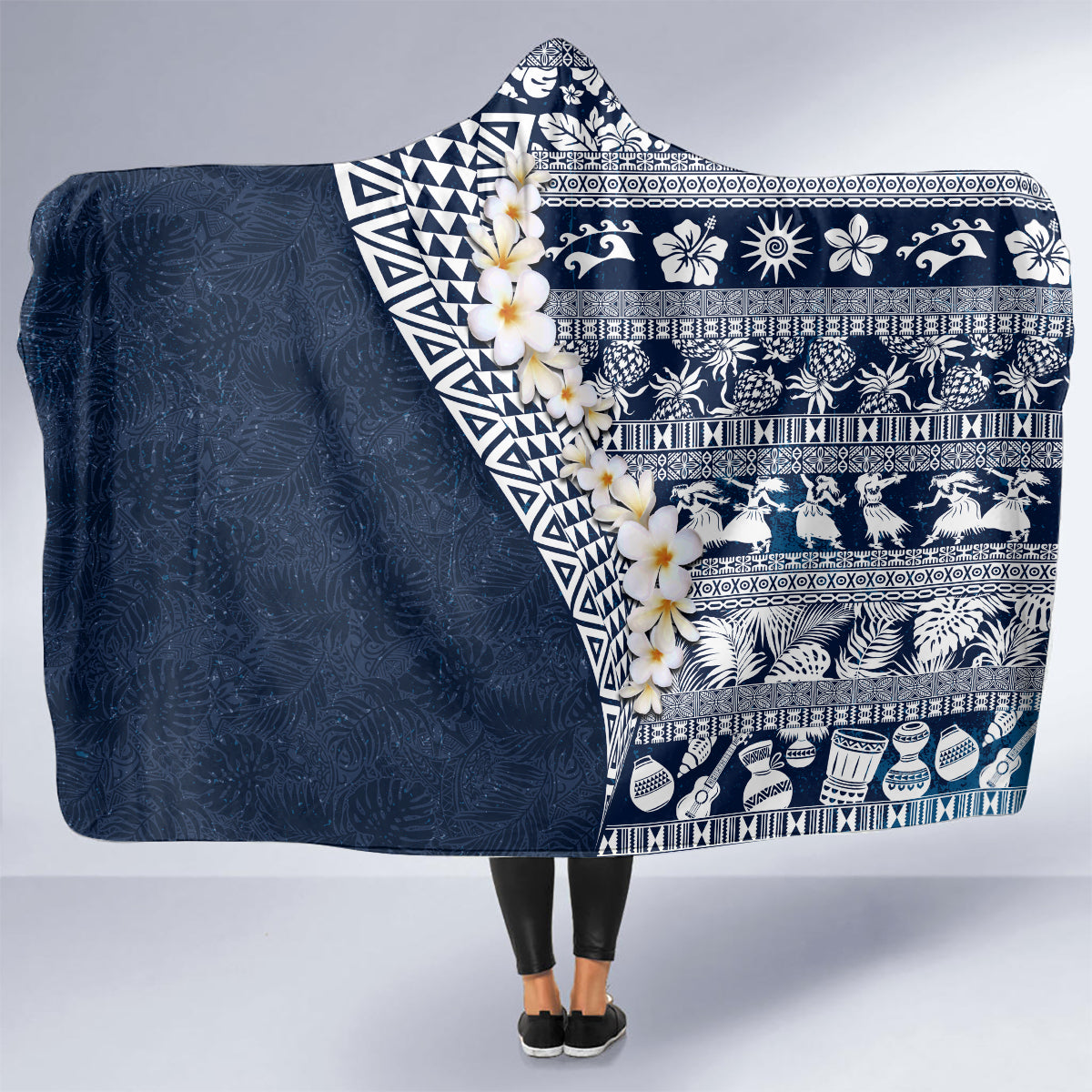 Hawaii Plumeria Tribal Vintage Hooded Blanket Special Blue LT03 - Polynesian Pride