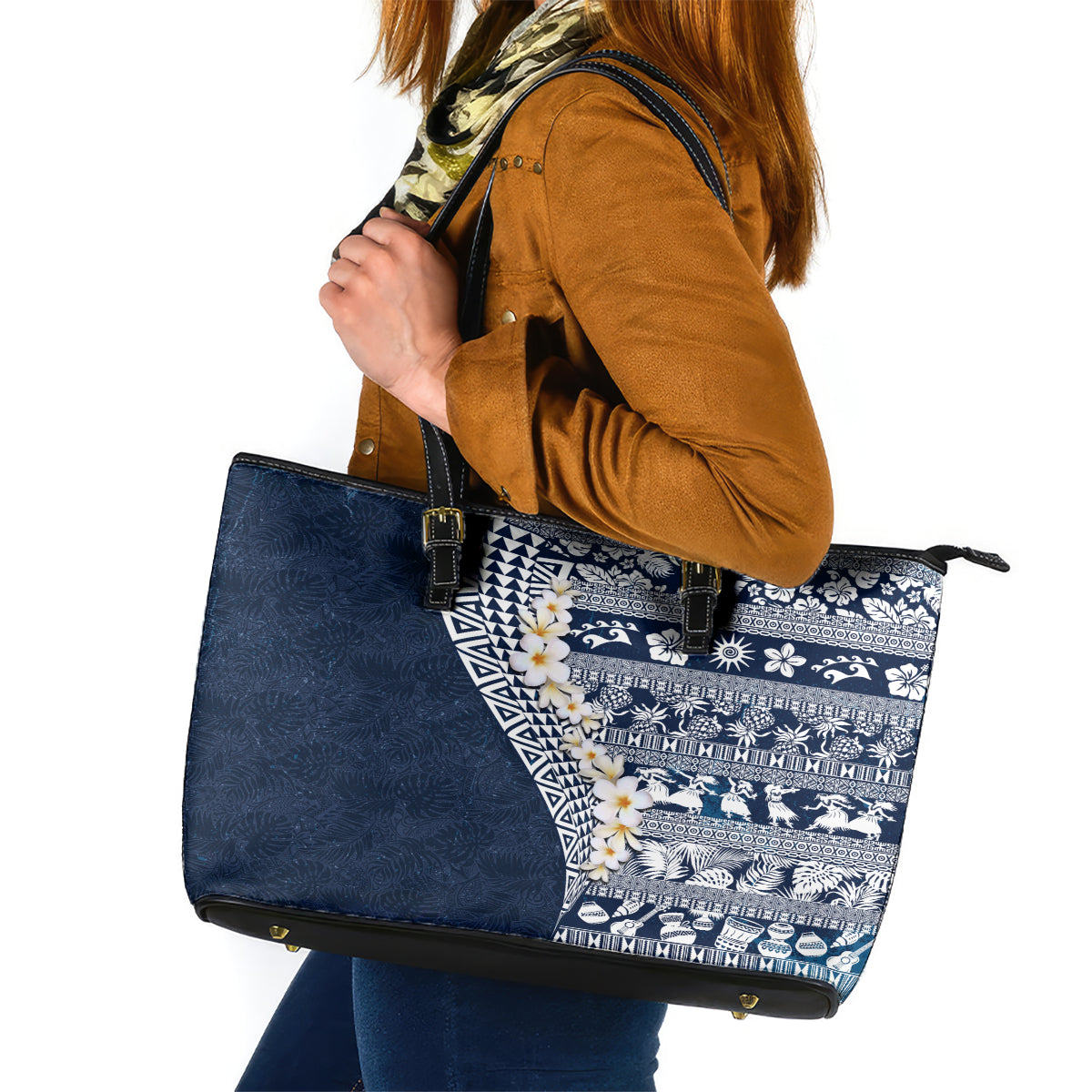 Hawaii Plumeria Tribal Vintage Leather Tote Bag Special Blue LT03 Blue - Polynesian Pride