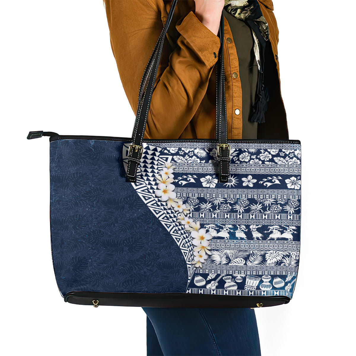 Hawaii Plumeria Tribal Vintage Leather Tote Bag Special Blue LT03 - Polynesian Pride