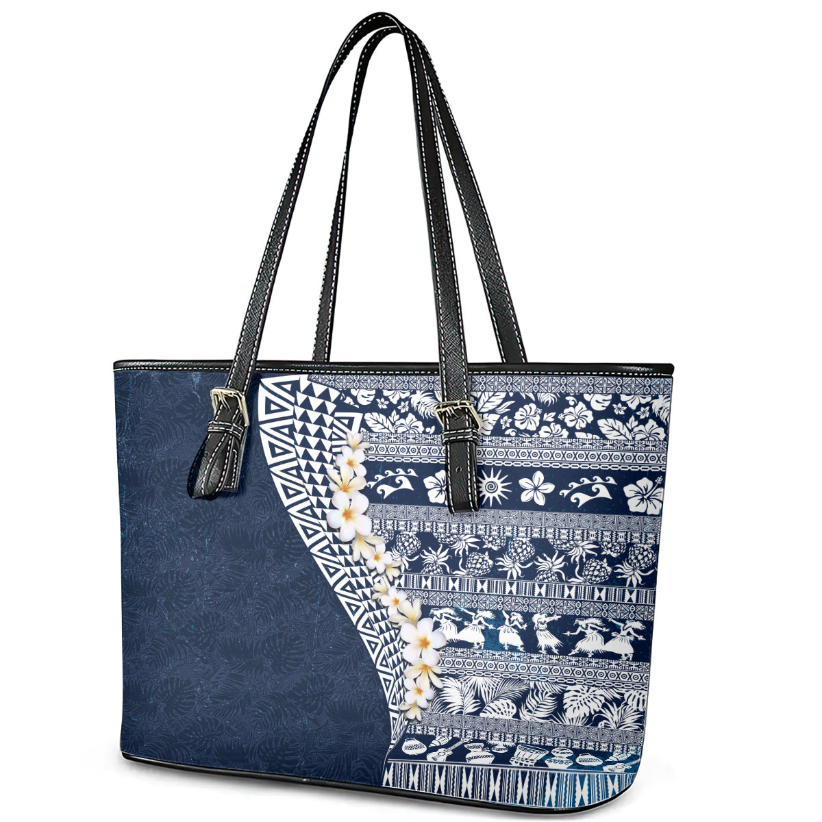 Hawaii Plumeria Tribal Vintage Leather Tote Bag Special Blue LT03 - Polynesian Pride