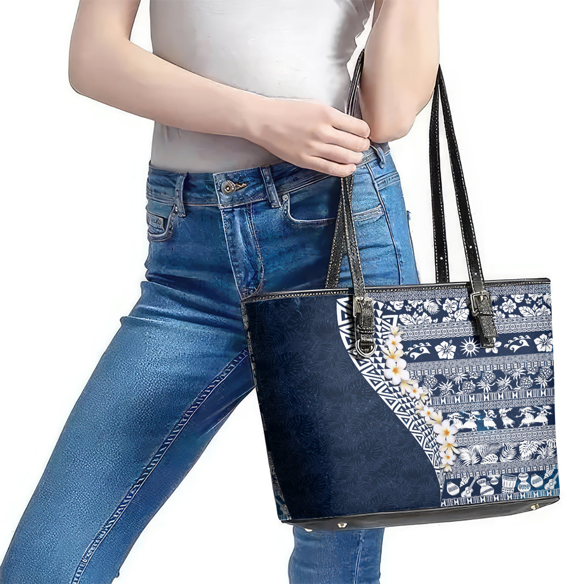 Hawaii Plumeria Tribal Vintage Leather Tote Bag Special Blue LT03 - Polynesian Pride