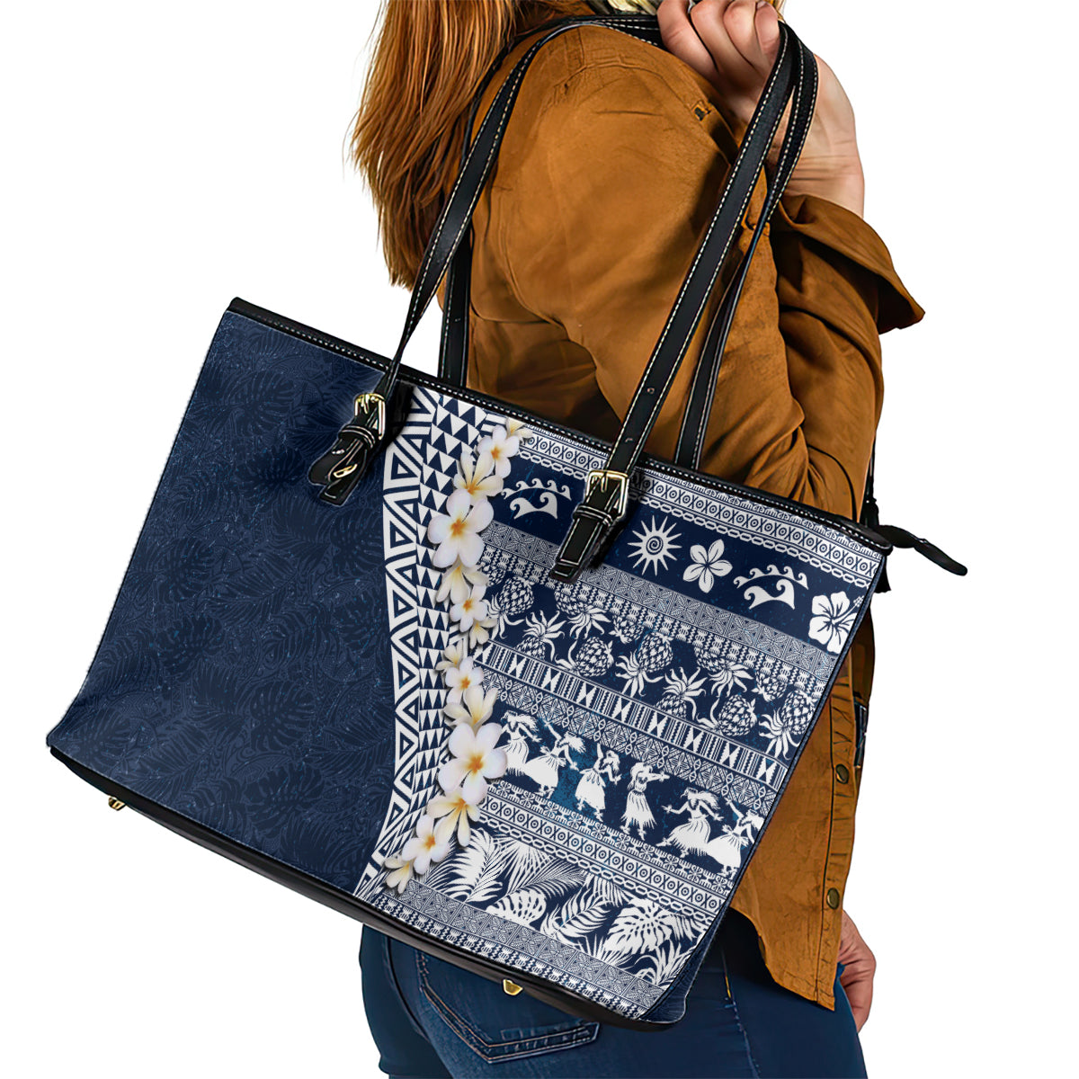 Hawaii Plumeria Tribal Vintage Leather Tote Bag Special Blue LT03 - Polynesian Pride