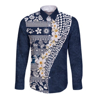 Hawaii Plumeria Tribal Vintage Long Sleeve Button Shirt Special Blue