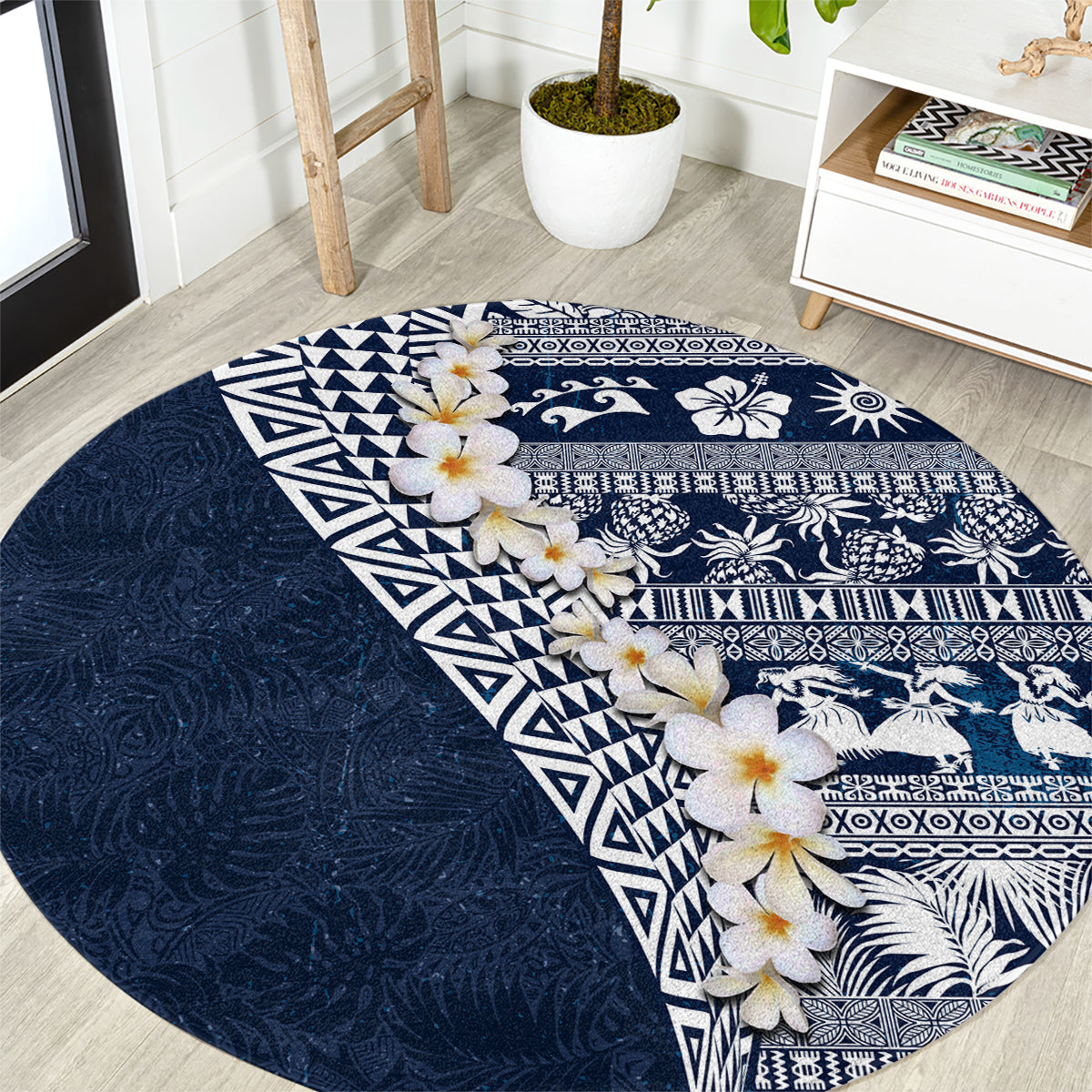 Hawaii Plumeria Tribal Vintage Round Carpet Special Blue