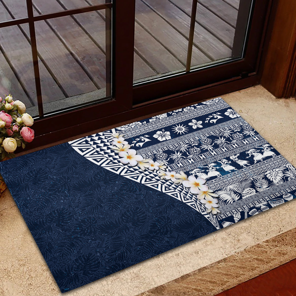 Hawaii Plumeria Tribal Vintage Rubber Doormat Special Blue LT03 - Polynesian Pride