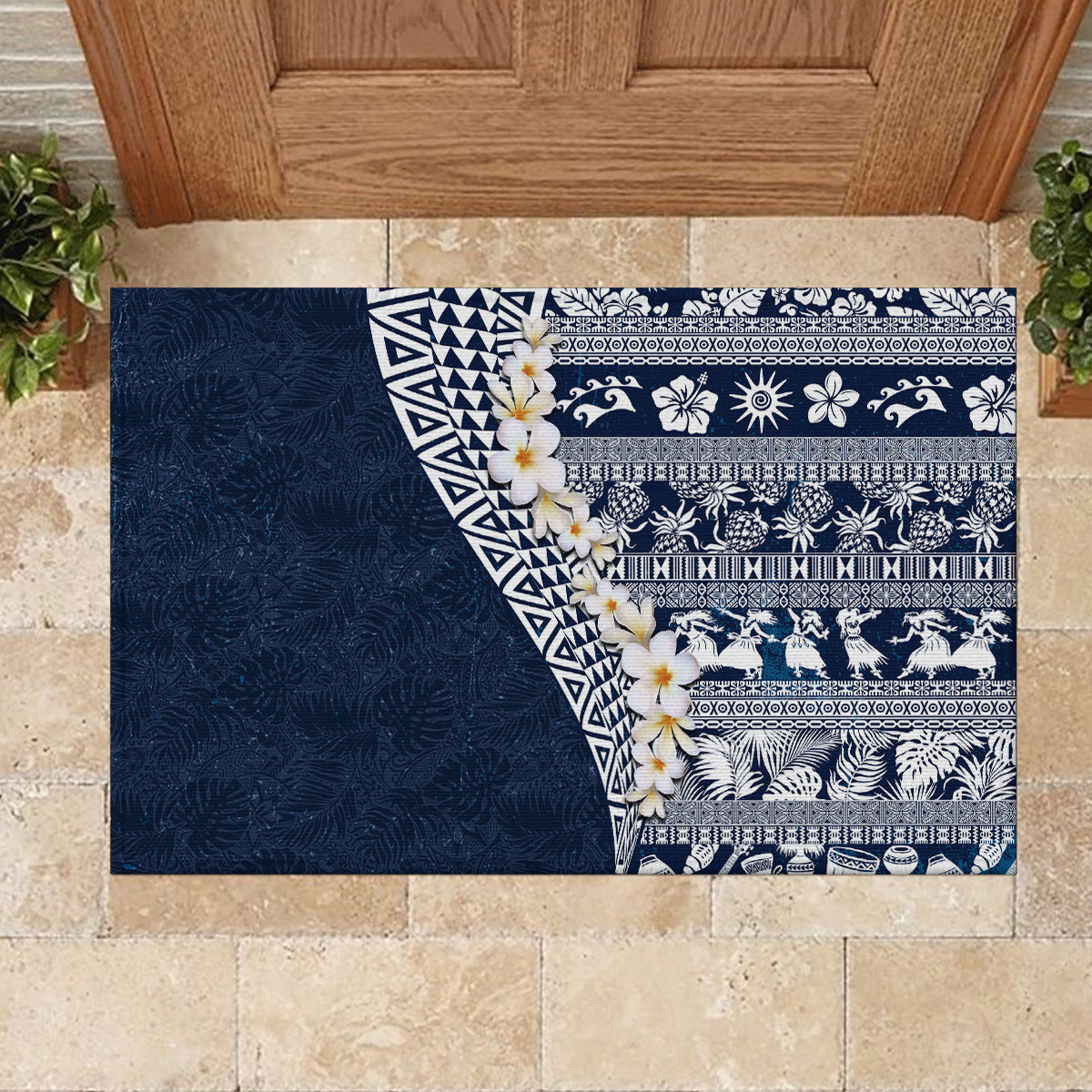 Hawaii Plumeria Tribal Vintage Rubber Doormat Special Blue LT03 - Polynesian Pride