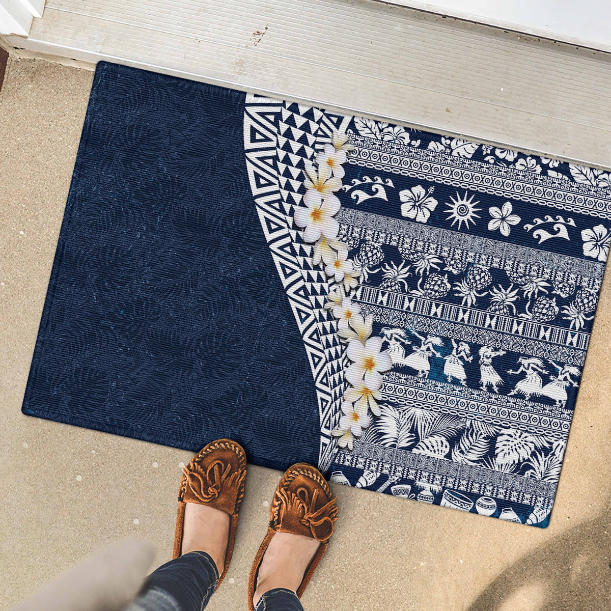 Hawaii Plumeria Tribal Vintage Rubber Doormat Special Blue LT03 - Polynesian Pride