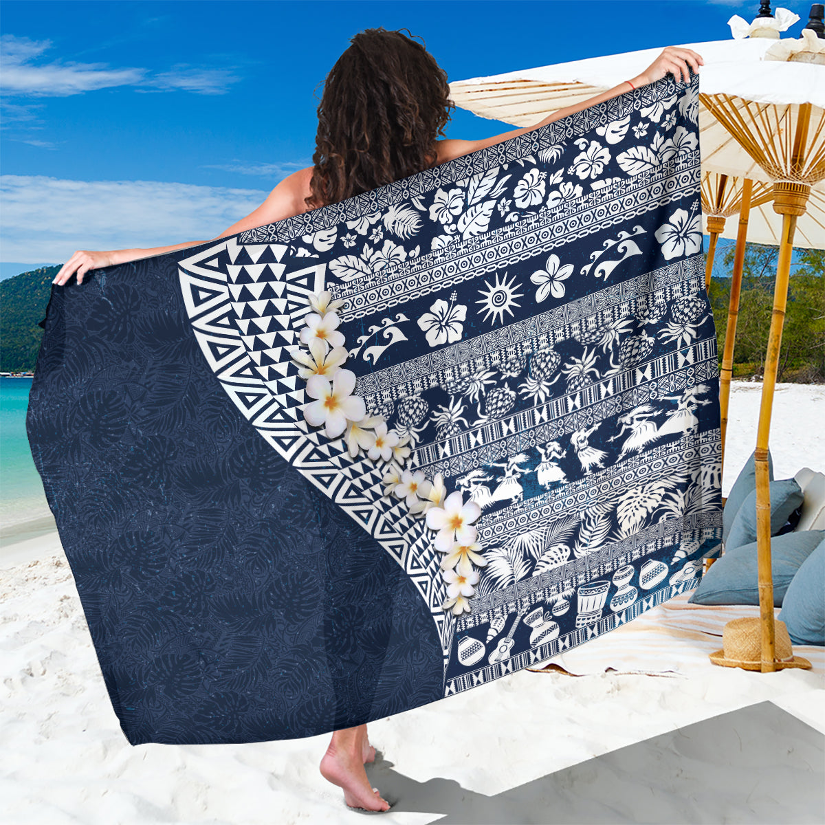 Hawaii Plumeria Tribal Vintage Sarong Special Blue