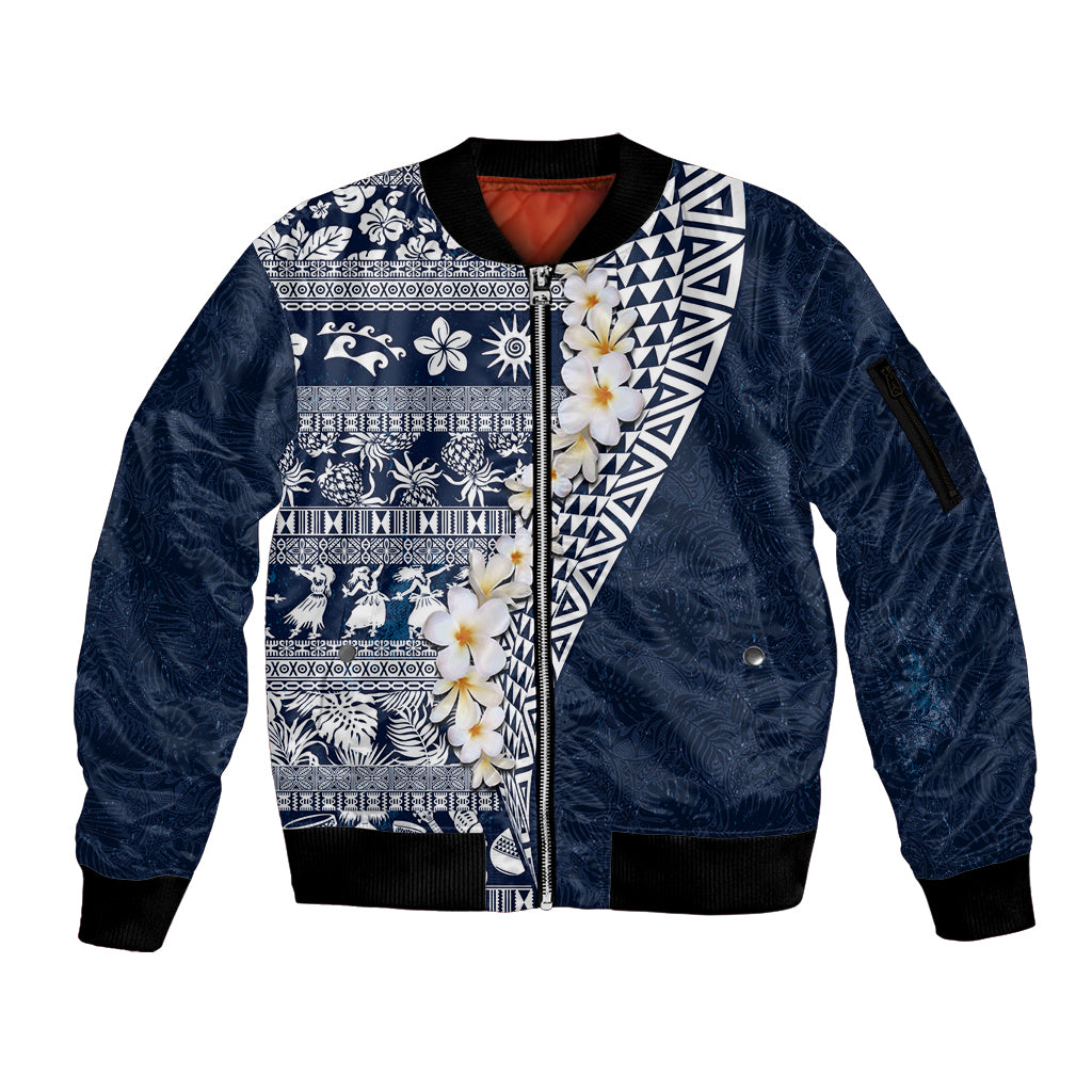 Hawaii Plumeria Tribal Vintage Sleeve Zip Bomber Jacket Special Blue LT03 Unisex Blue - Polynesian Pride