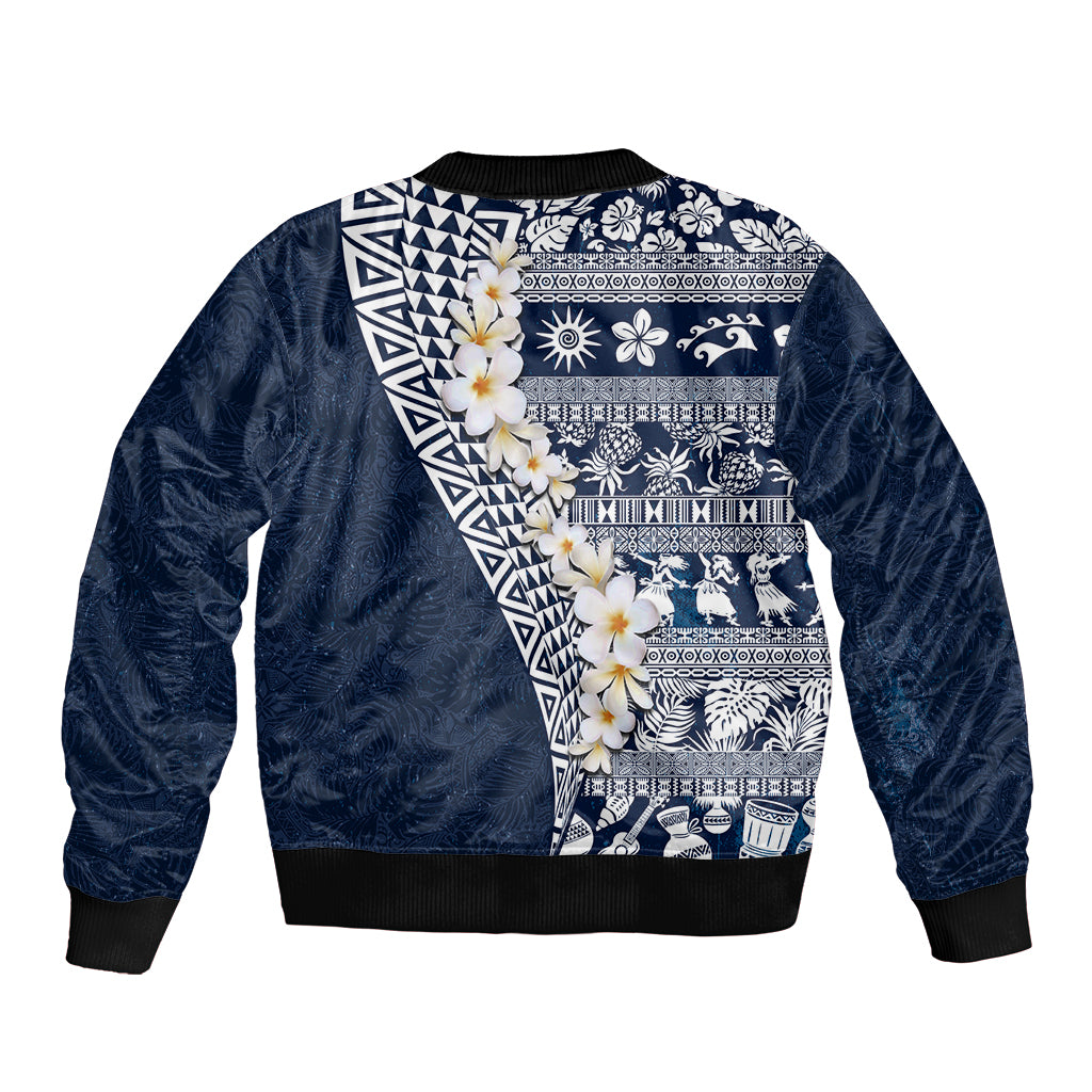 Hawaii Plumeria Tribal Vintage Sleeve Zip Bomber Jacket Special Blue LT03 - Polynesian Pride