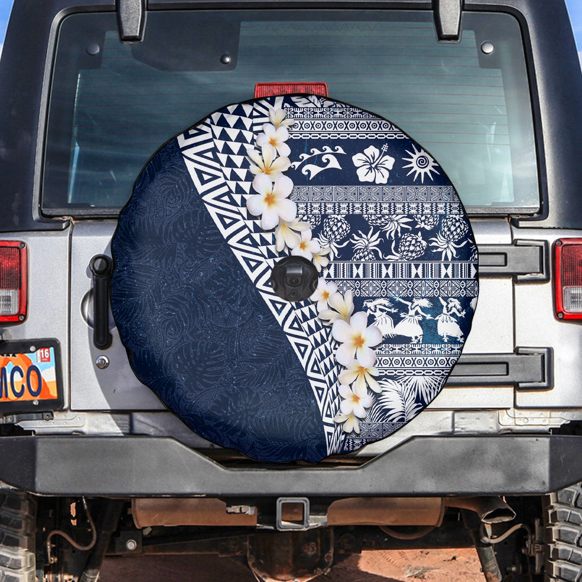 Hawaii Plumeria Tribal Vintage Spare Tire Cover Special Blue