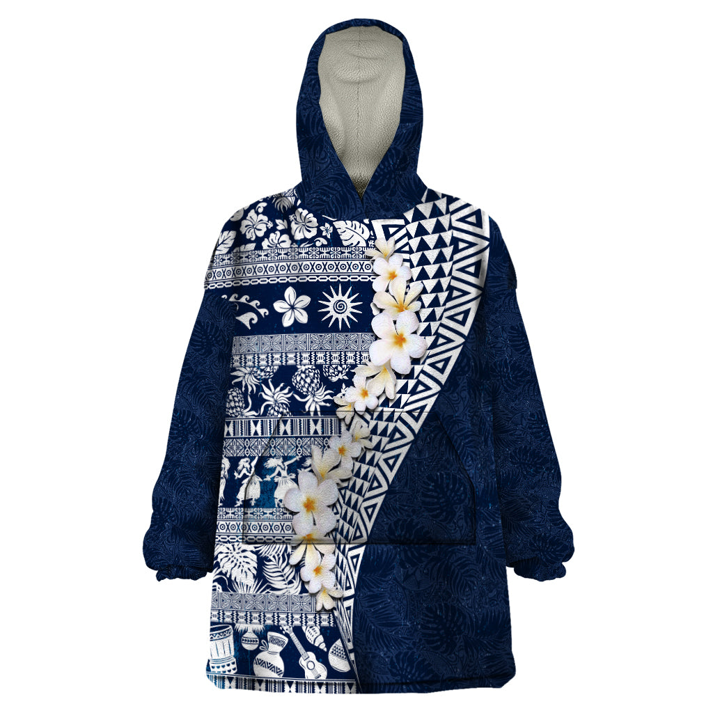 Hawaii Plumeria Tribal Vintage Wearable Blanket Hoodie Special Blue