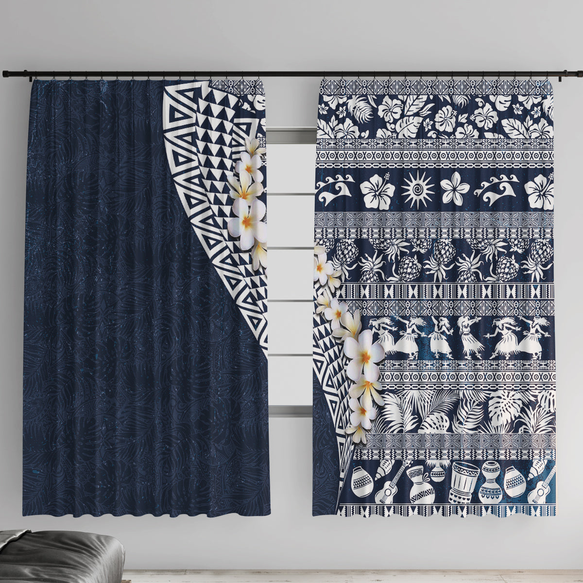 Hawaii Plumeria Tribal Vintage Window Curtain Special Blue LT03 With Hooks Blue - Polynesian Pride