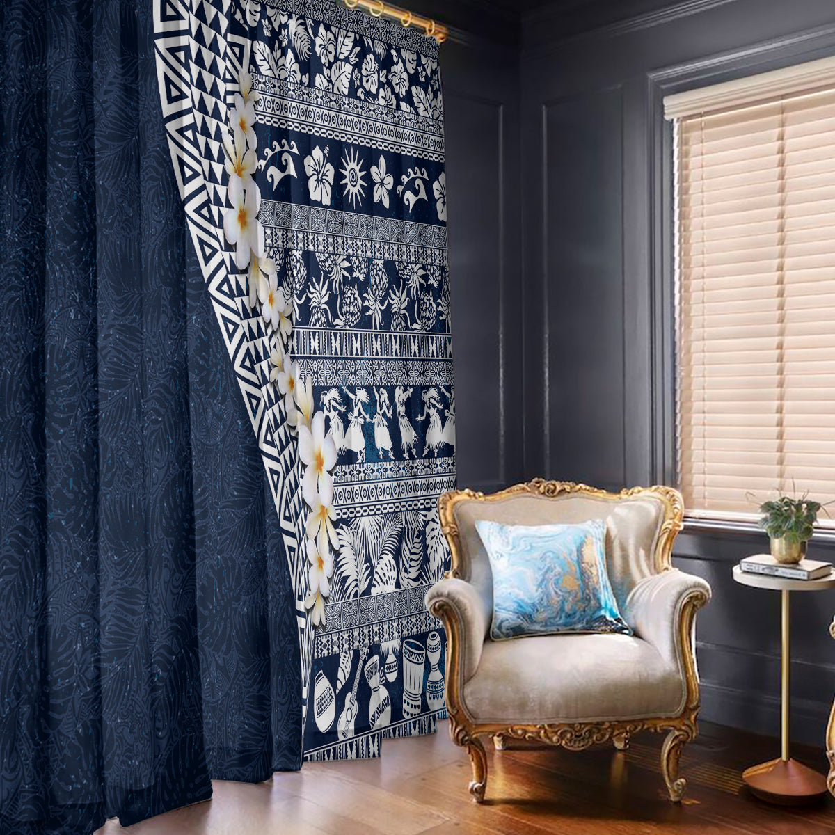 Hawaii Plumeria Tribal Vintage Window Curtain Special Blue LT03 - Polynesian Pride