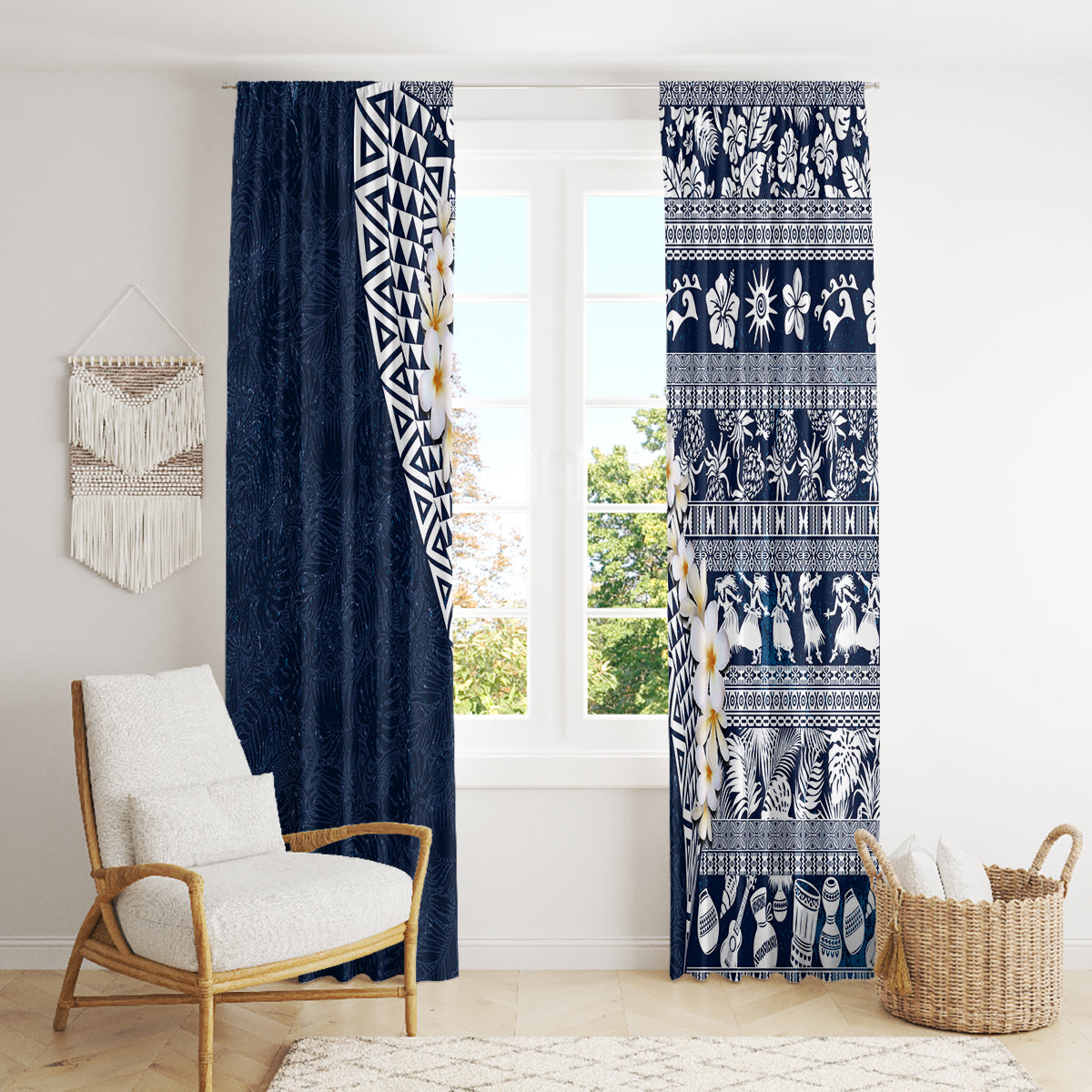 Hawaii Plumeria Tribal Vintage Window Curtain Special Blue LT03 - Polynesian Pride
