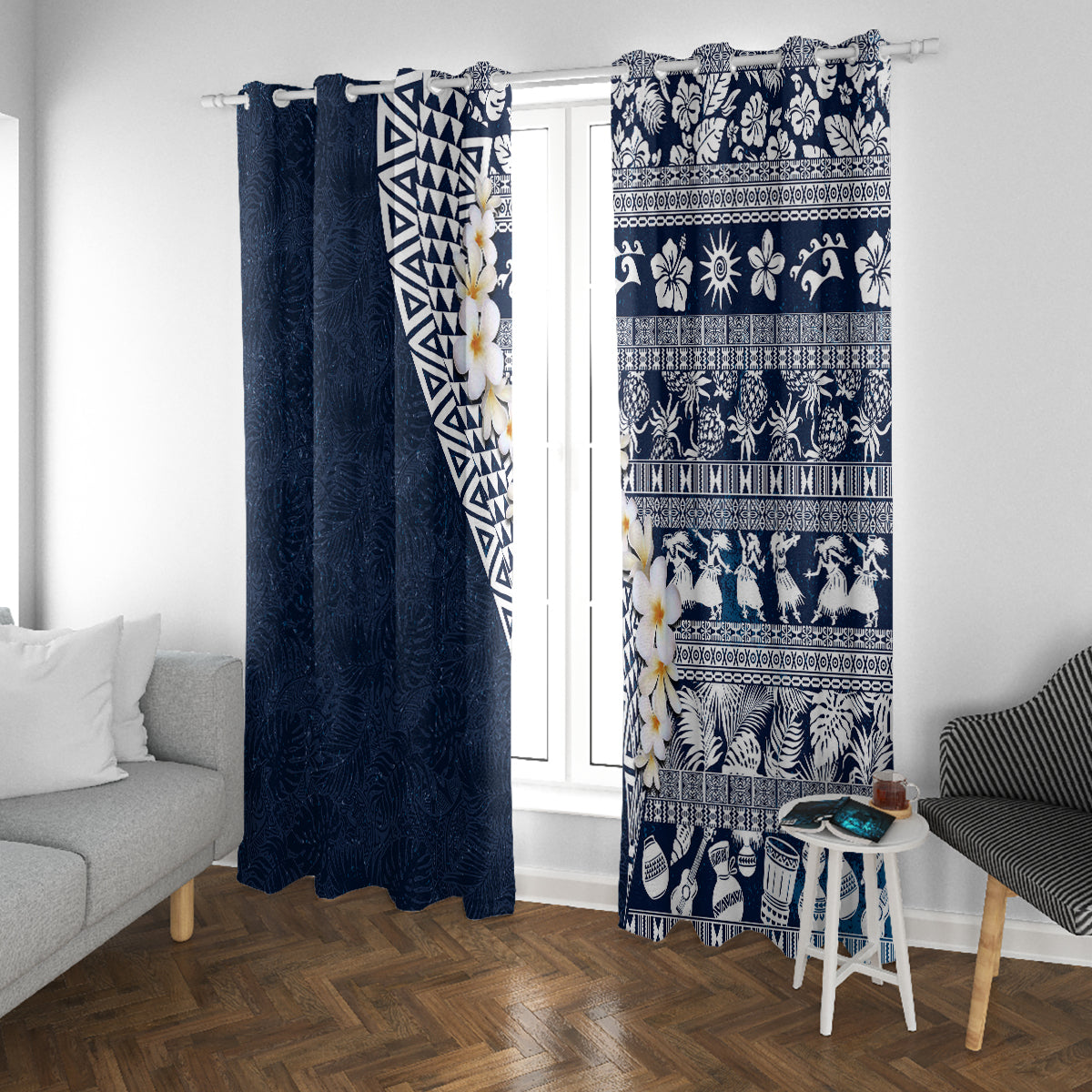 Hawaii Plumeria Tribal Vintage Window Curtain Special Blue LT03 With Grommets Blue - Polynesian Pride