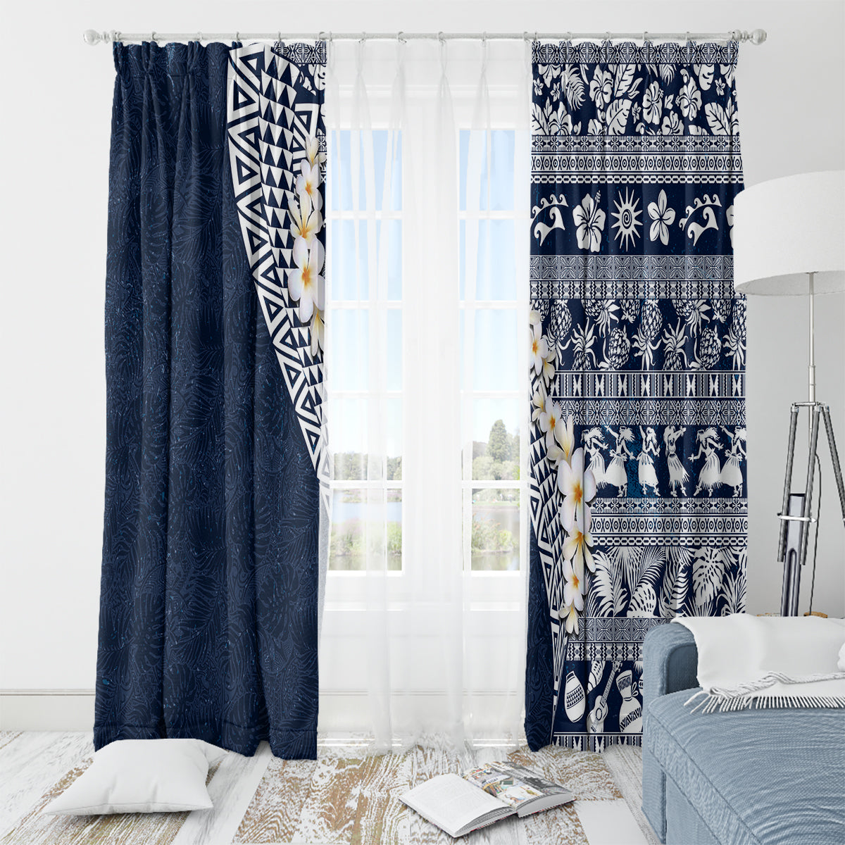 Hawaii Plumeria Tribal Vintage Window Curtain Special Blue LT03 - Polynesian Pride