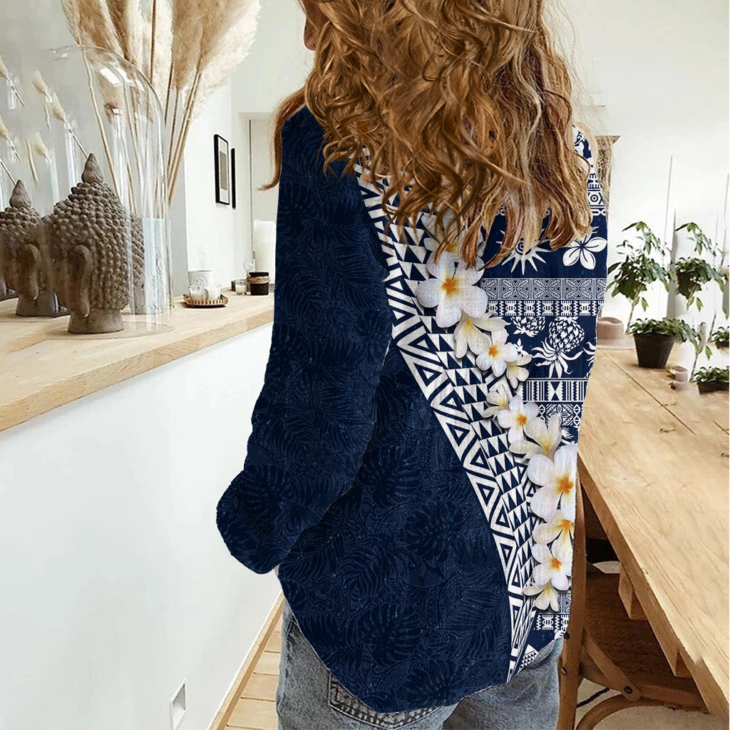 Hawaii Plumeria Tribal Vintage Women Casual Shirt Special Blue