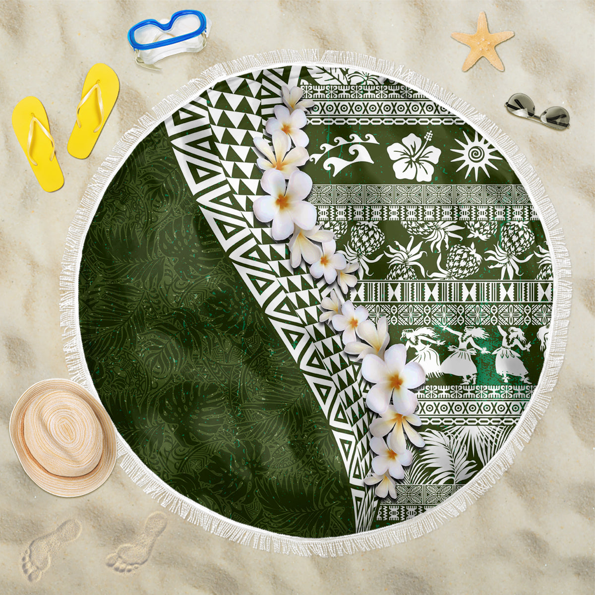 Hawaii Plumeria Tribal Vintage Beach Blanket Special Green LT03 One Size 150cm Green - Polynesian Pride