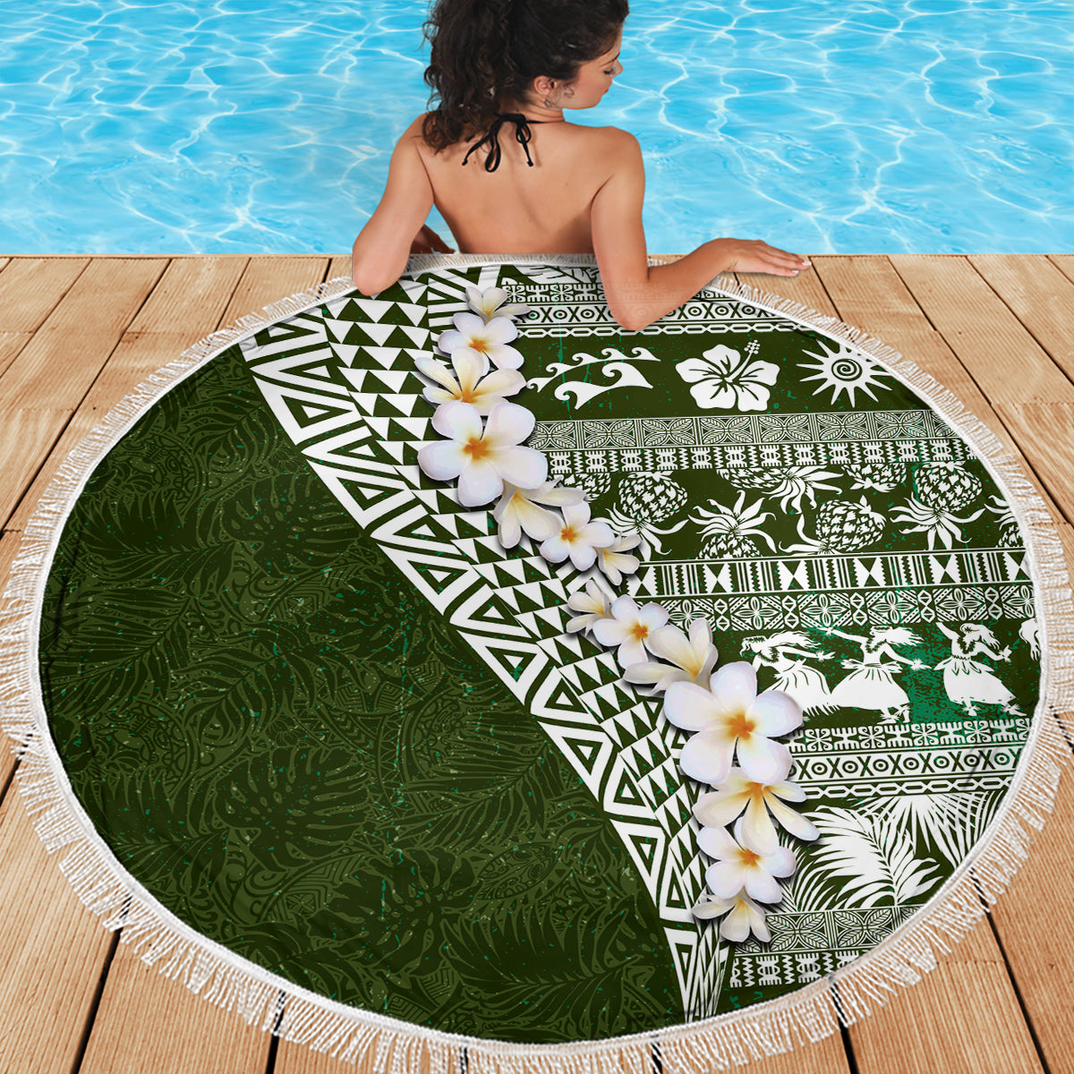 Hawaii Plumeria Tribal Vintage Beach Blanket Special Green LT03 - Polynesian Pride
