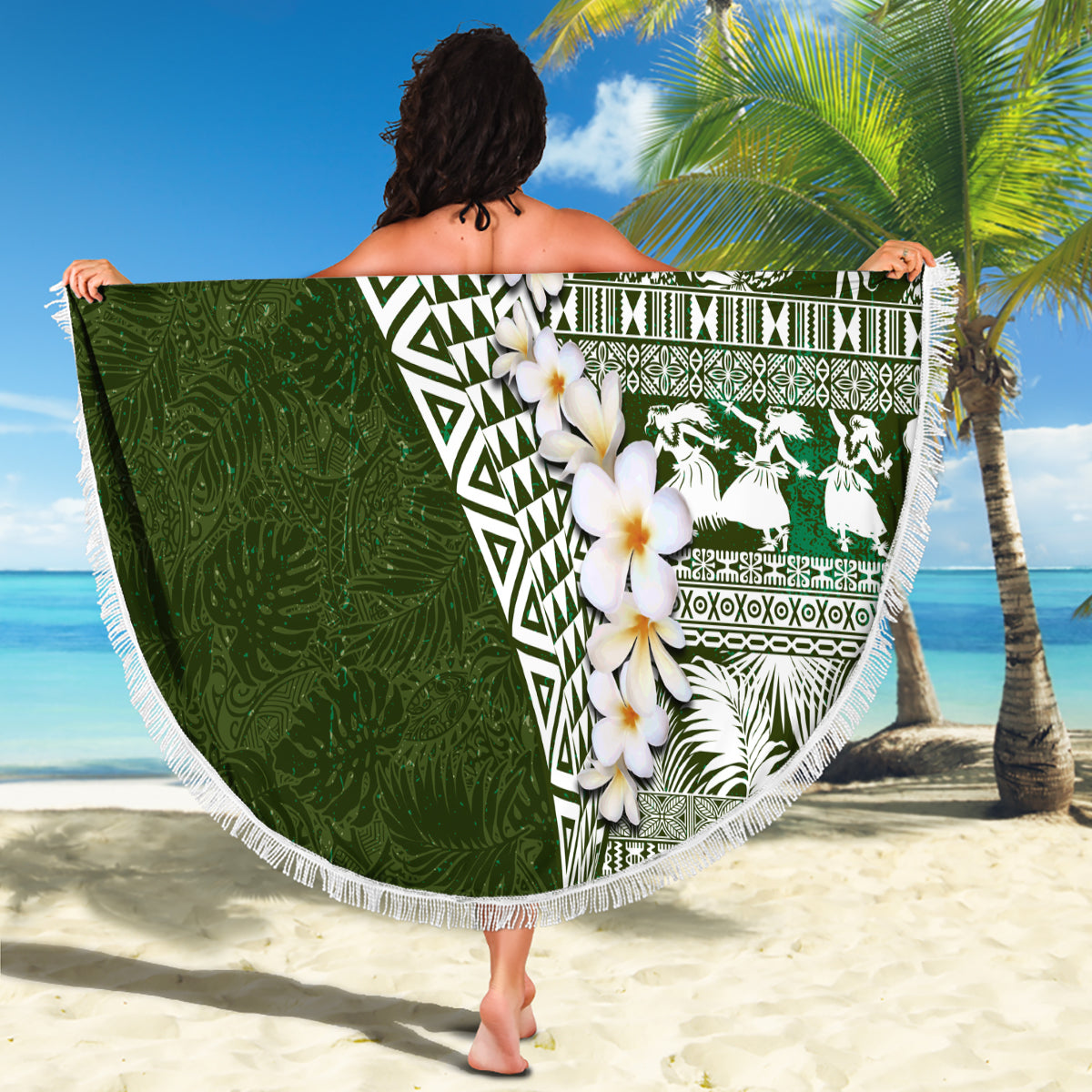 Hawaii Plumeria Tribal Vintage Beach Blanket Special Green LT03 - Polynesian Pride