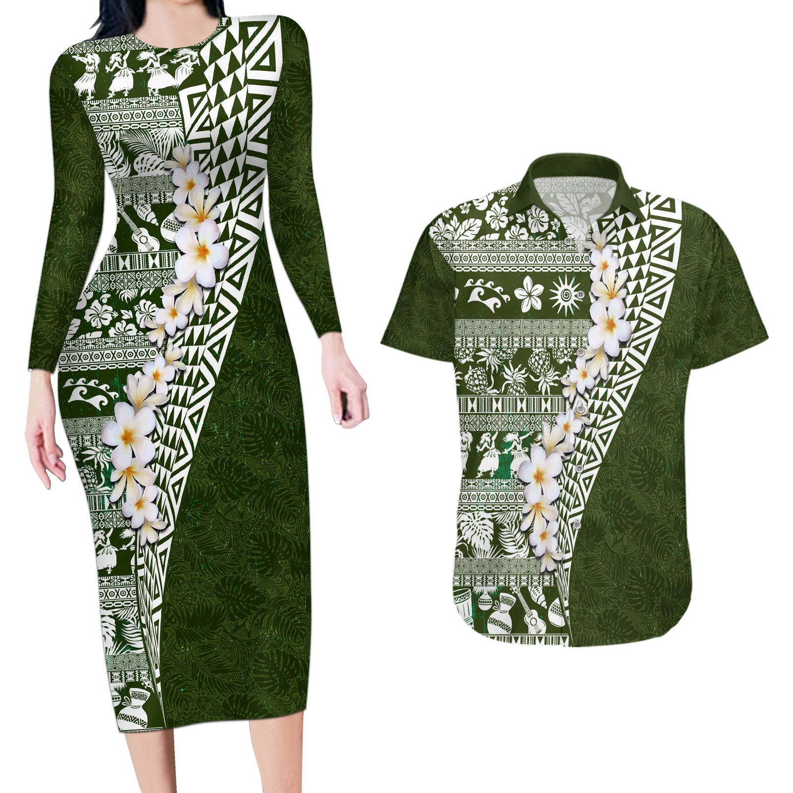 Hawaii Plumeria Tribal Vintage Couples Matching Long Sleeve Bodycon Dress and Hawaiian Shirt Special Green LT03 Green - Polynesian Pride