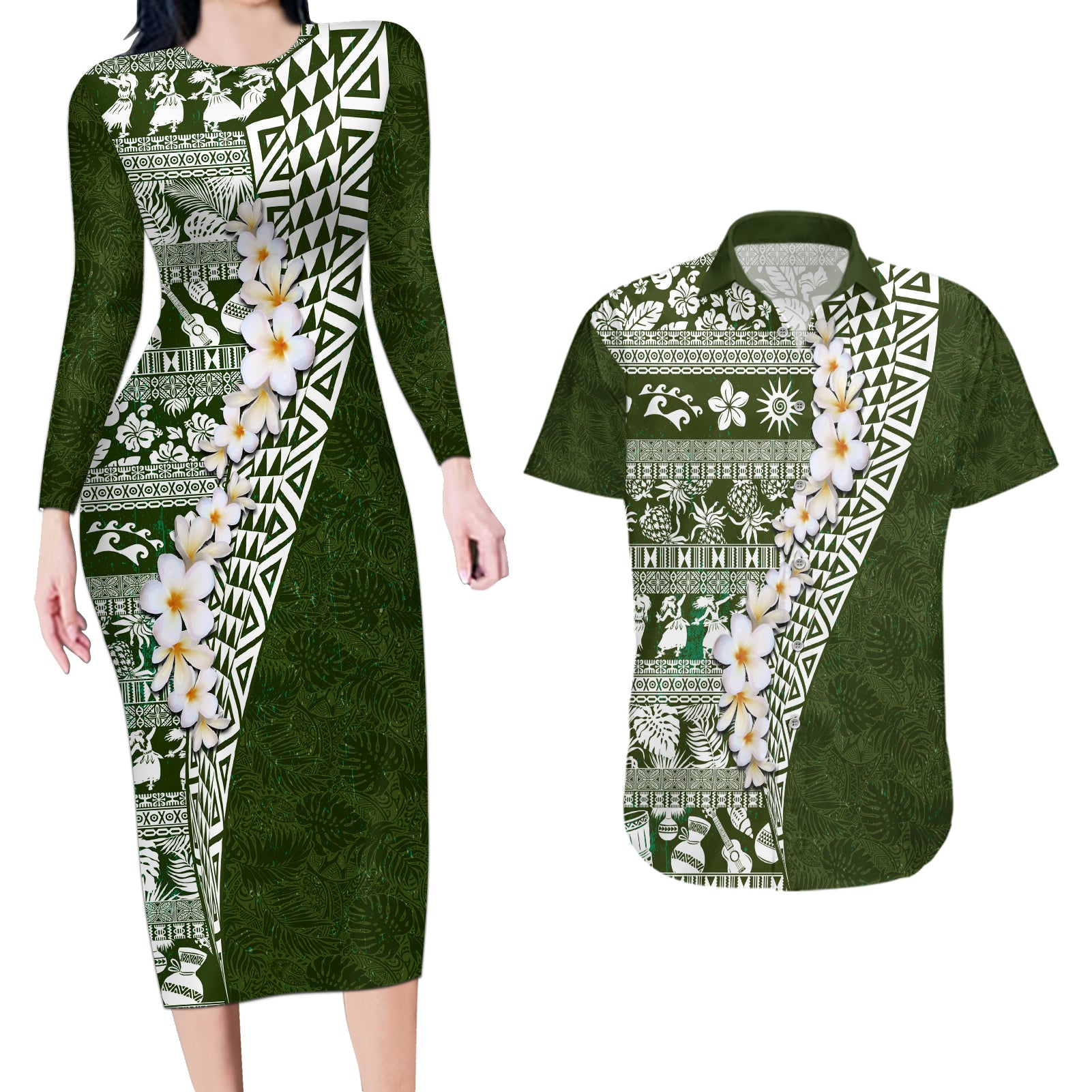 Hawaii Plumeria Tribal Vintage Couples Matching Long Sleeve Bodycon Dress and Hawaiian Shirt Special Green