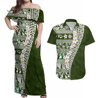 Hawaii Plumeria Tribal Vintage Couples Matching Off Shoulder Maxi Dress and Hawaiian Shirt Special Green