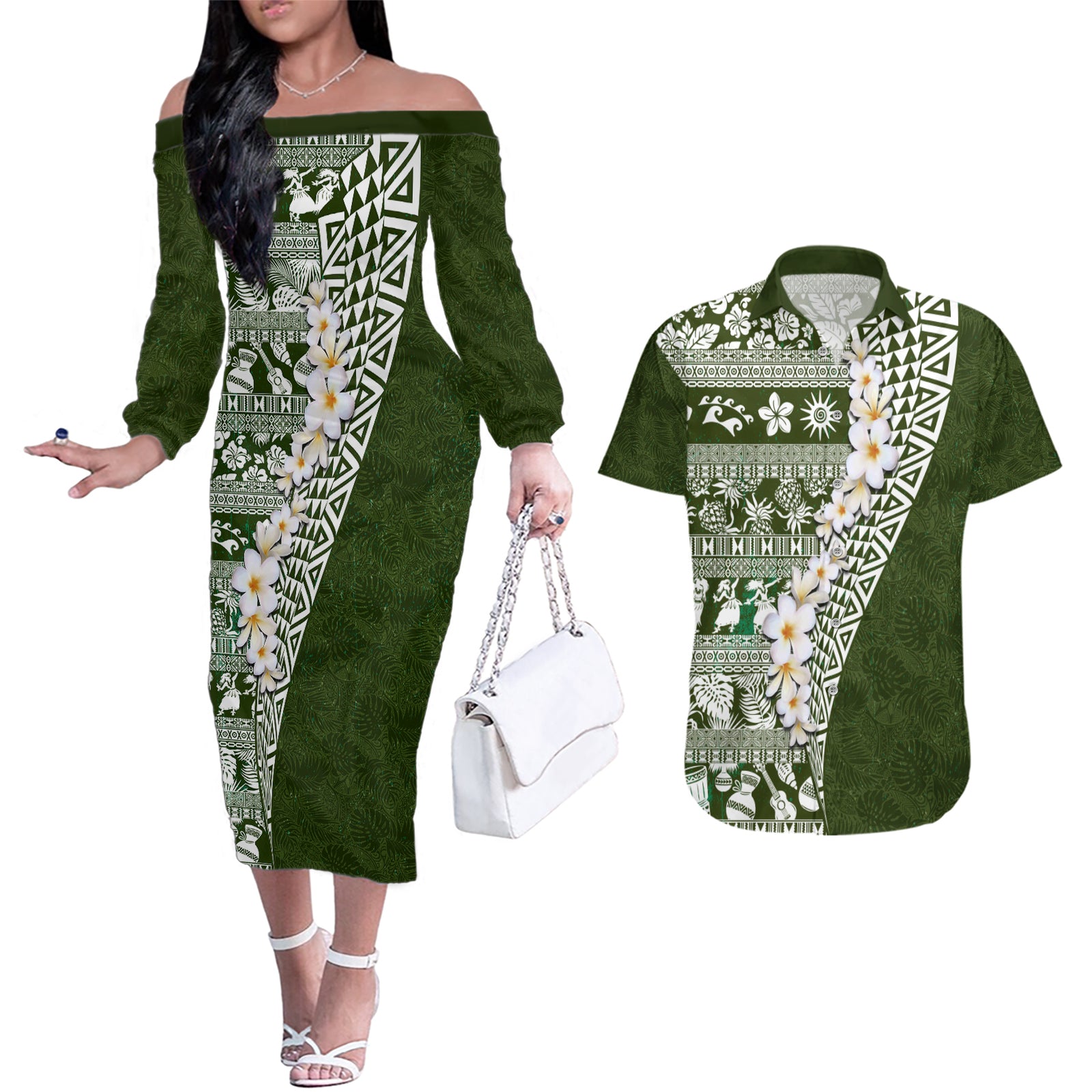Hawaii Plumeria Tribal Vintage Couples Matching Off The Shoulder Long Sleeve Dress and Hawaiian Shirt Special Green LT03 Green - Polynesian Pride