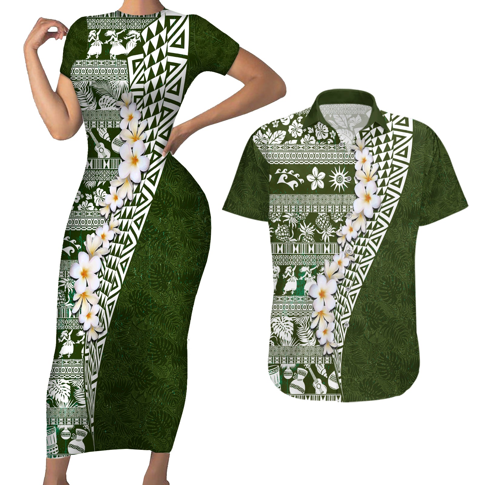 Hawaii Plumeria Tribal Vintage Couples Matching Short Sleeve Bodycon Dress and Hawaiian Shirt Special Green