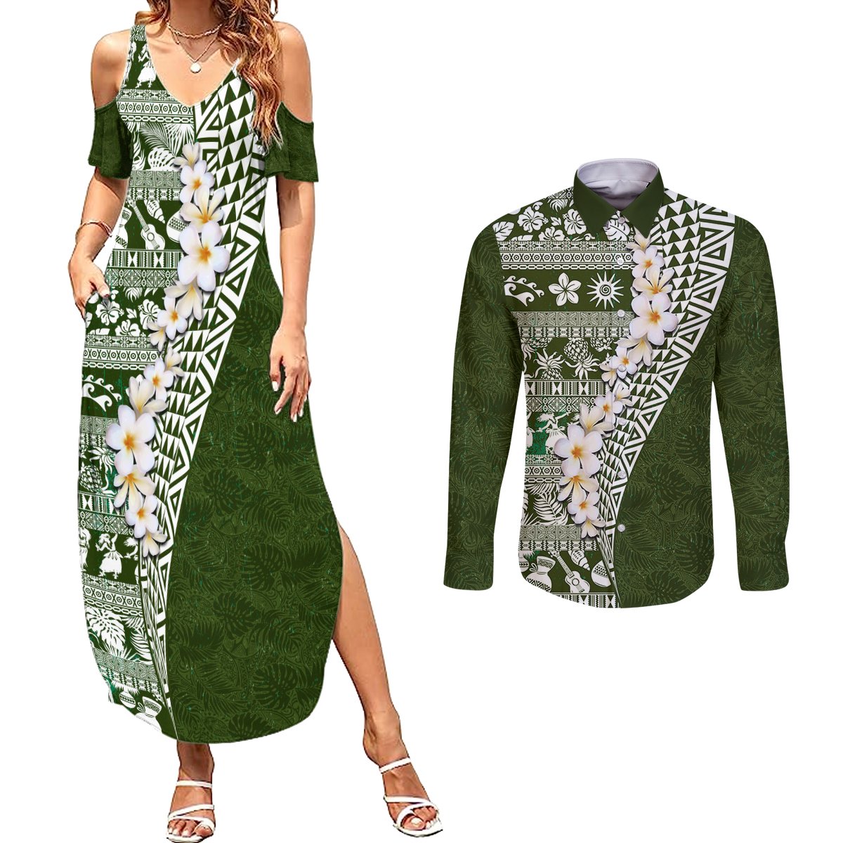 Hawaii Plumeria Tribal Vintage Couples Matching Summer Maxi Dress and Long Sleeve Button Shirt Special Green LT03 Green - Polynesian Pride