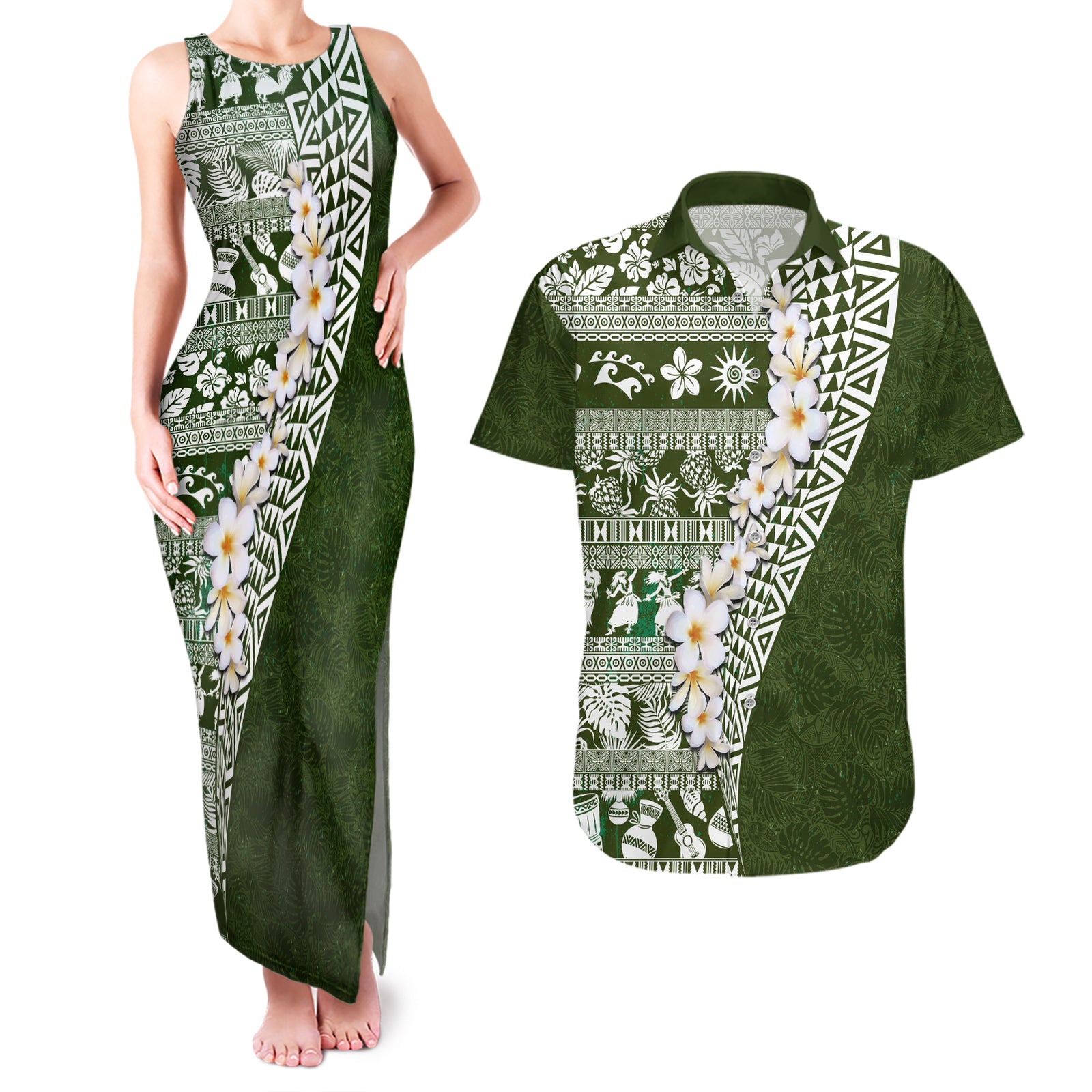 Hawaii Plumeria Tribal Vintage Couples Matching Tank Maxi Dress and Hawaiian Shirt Special Green LT03 Green - Polynesian Pride