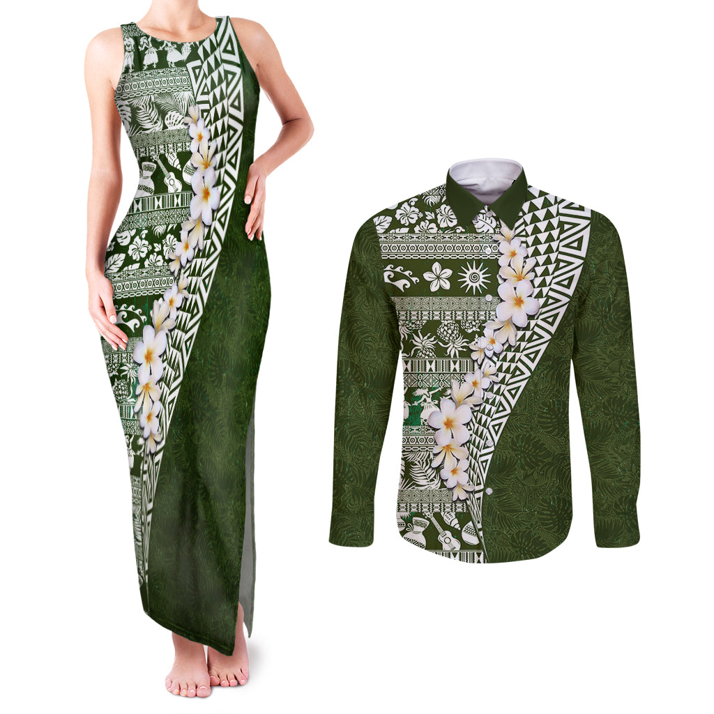 Hawaii Plumeria Tribal Vintage Couples Matching Tank Maxi Dress and Long Sleeve Button Shirt Special Green LT03 Green - Polynesian Pride