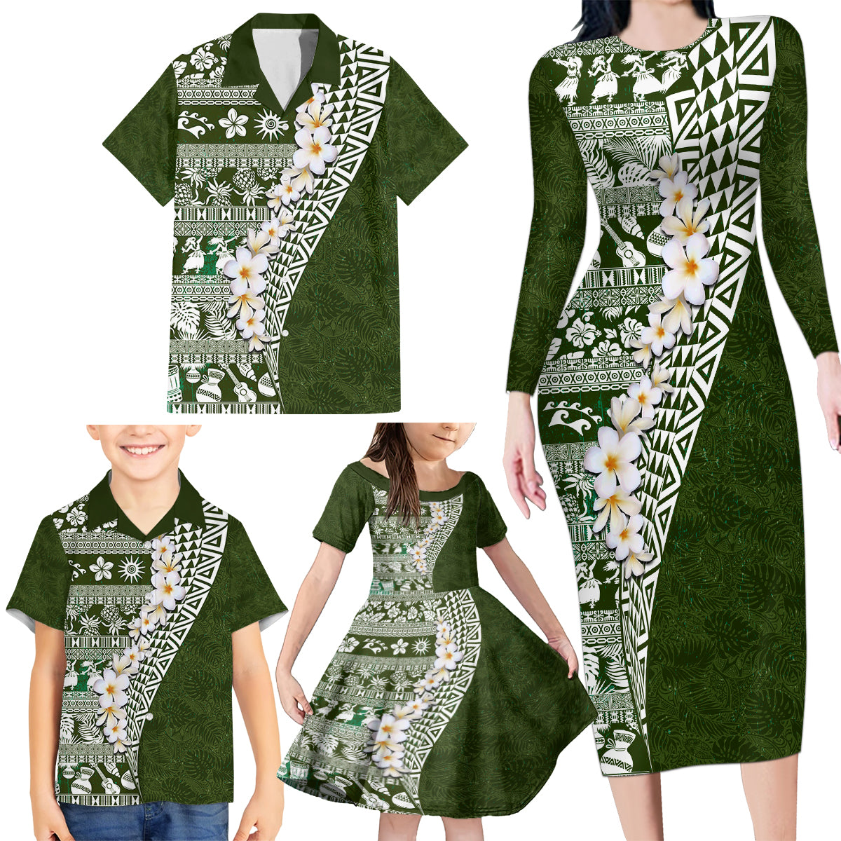 Hawaii Plumeria Tribal Vintage Family Matching Long Sleeve Bodycon Dress and Hawaiian Shirt Special Green