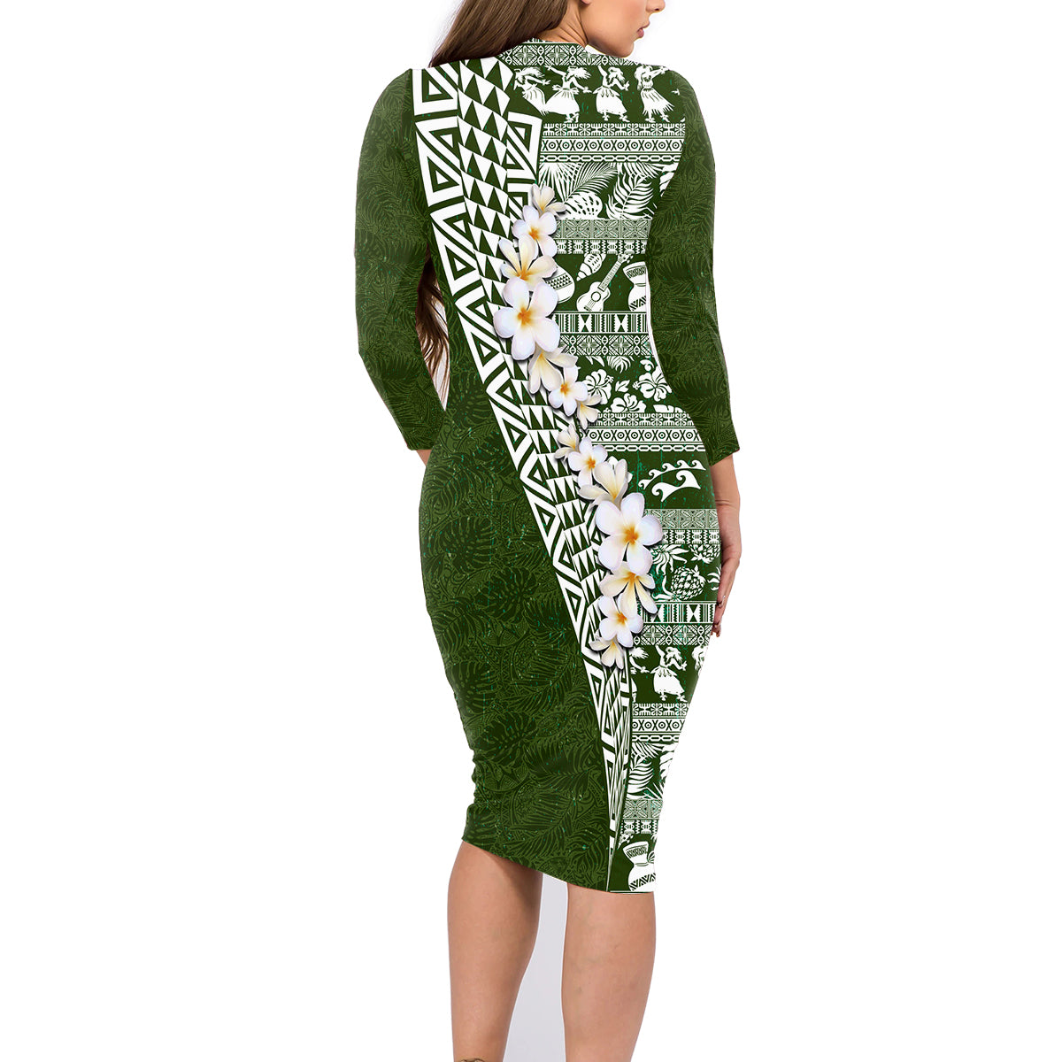 Hawaii Plumeria Tribal Vintage Family Matching Long Sleeve Bodycon Dress and Hawaiian Shirt Special Green