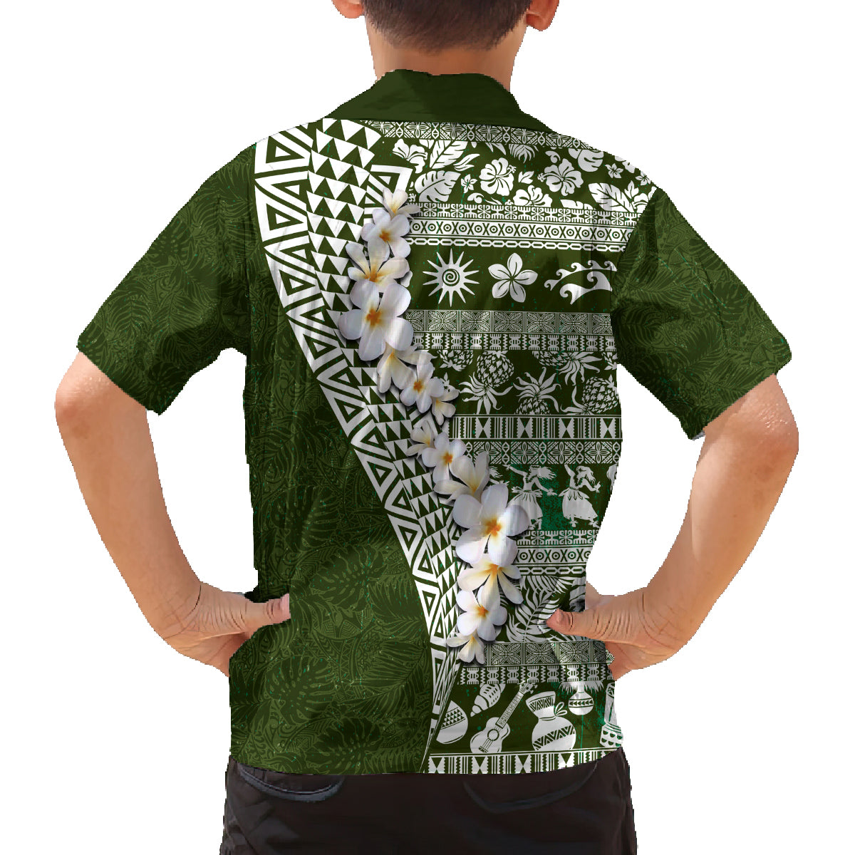Hawaii Plumeria Tribal Vintage Family Matching Off Shoulder Maxi Dress and Hawaiian Shirt Special Green LT03 - Polynesian Pride