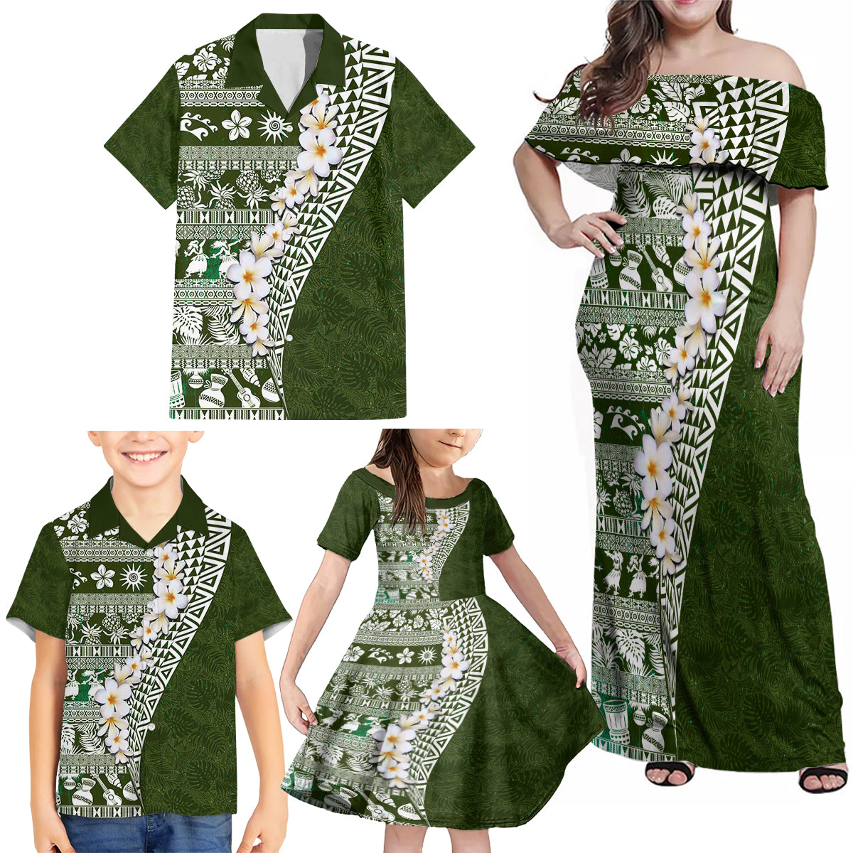 Hawaii Plumeria Tribal Vintage Family Matching Off Shoulder Maxi Dress and Hawaiian Shirt Special Green LT03 - Polynesian Pride