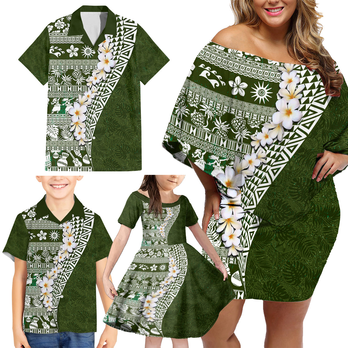 Hawaii Plumeria Tribal Vintage Family Matching Off Shoulder Short Dress and Hawaiian Shirt Special Green