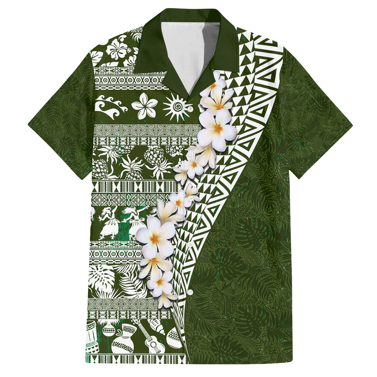 Hawaii Plumeria Tribal Vintage Family Matching Off Shoulder Short Dress and Hawaiian Shirt Special Green