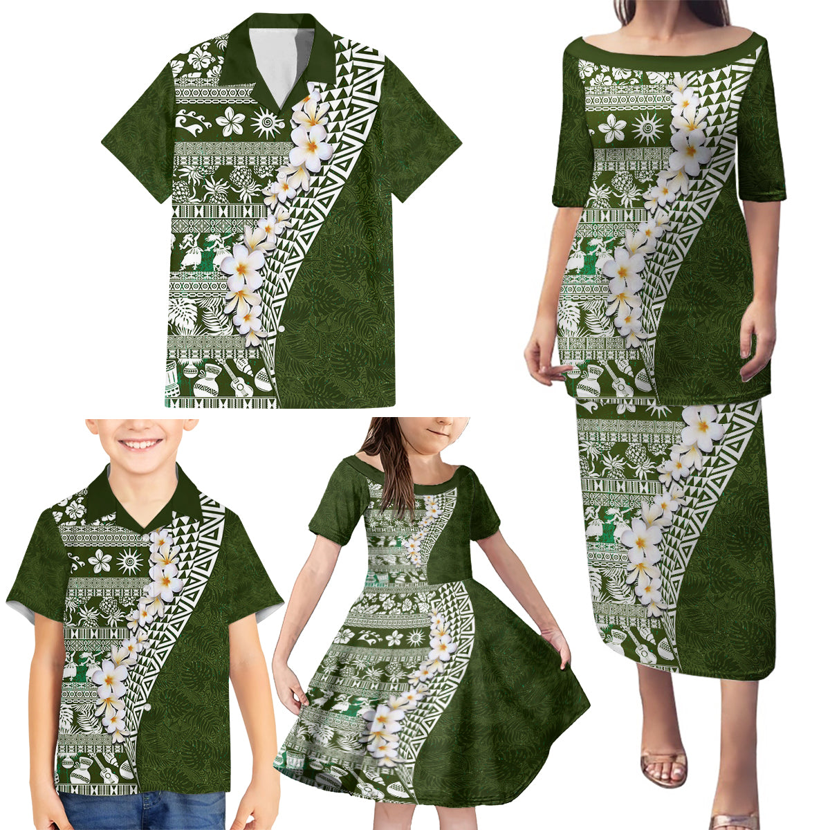 Hawaii Plumeria Tribal Vintage Family Matching Puletasi and Hawaiian Shirt Special Green LT03 - Polynesian Pride